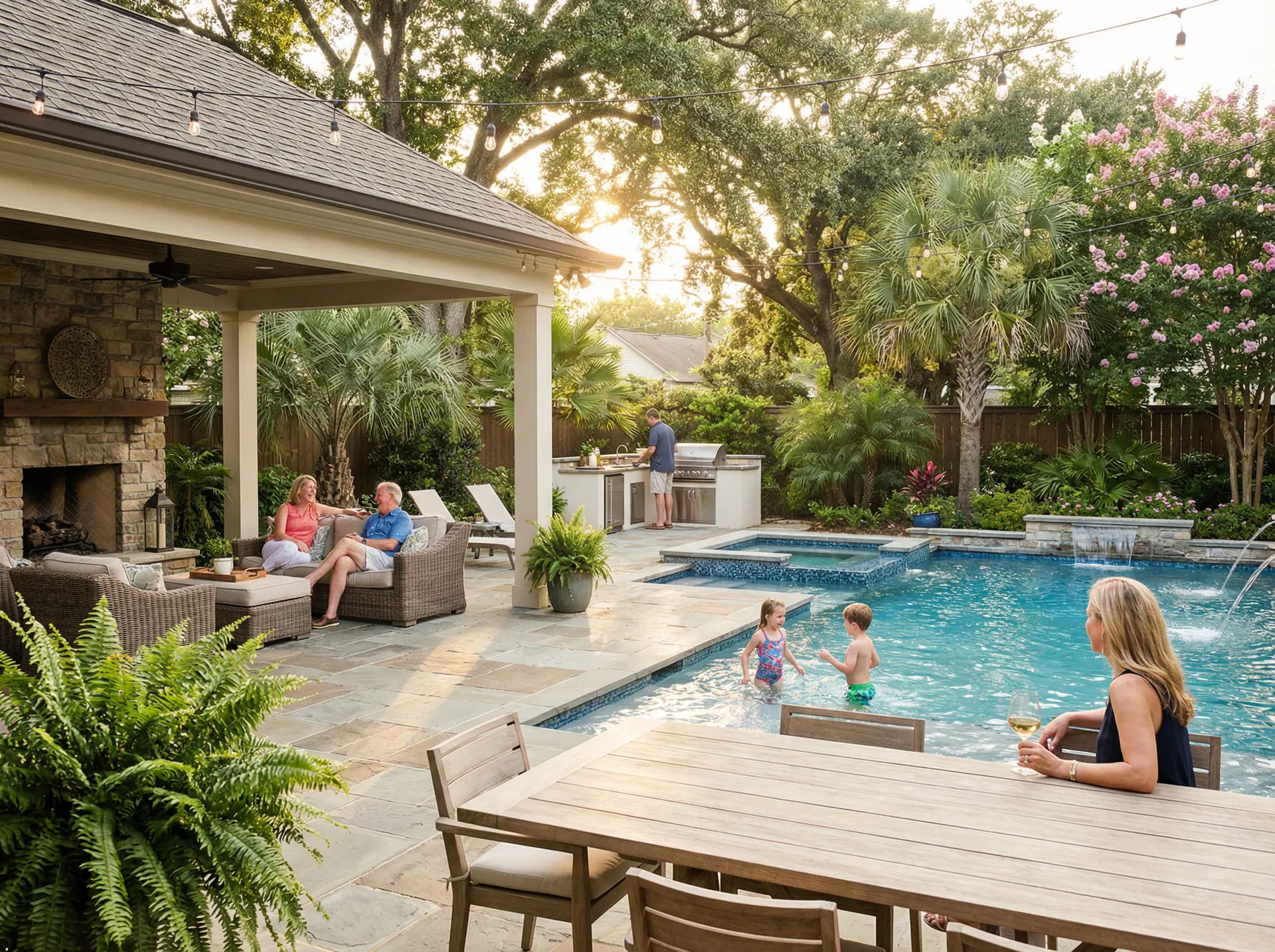 Upscale residential backyard with family