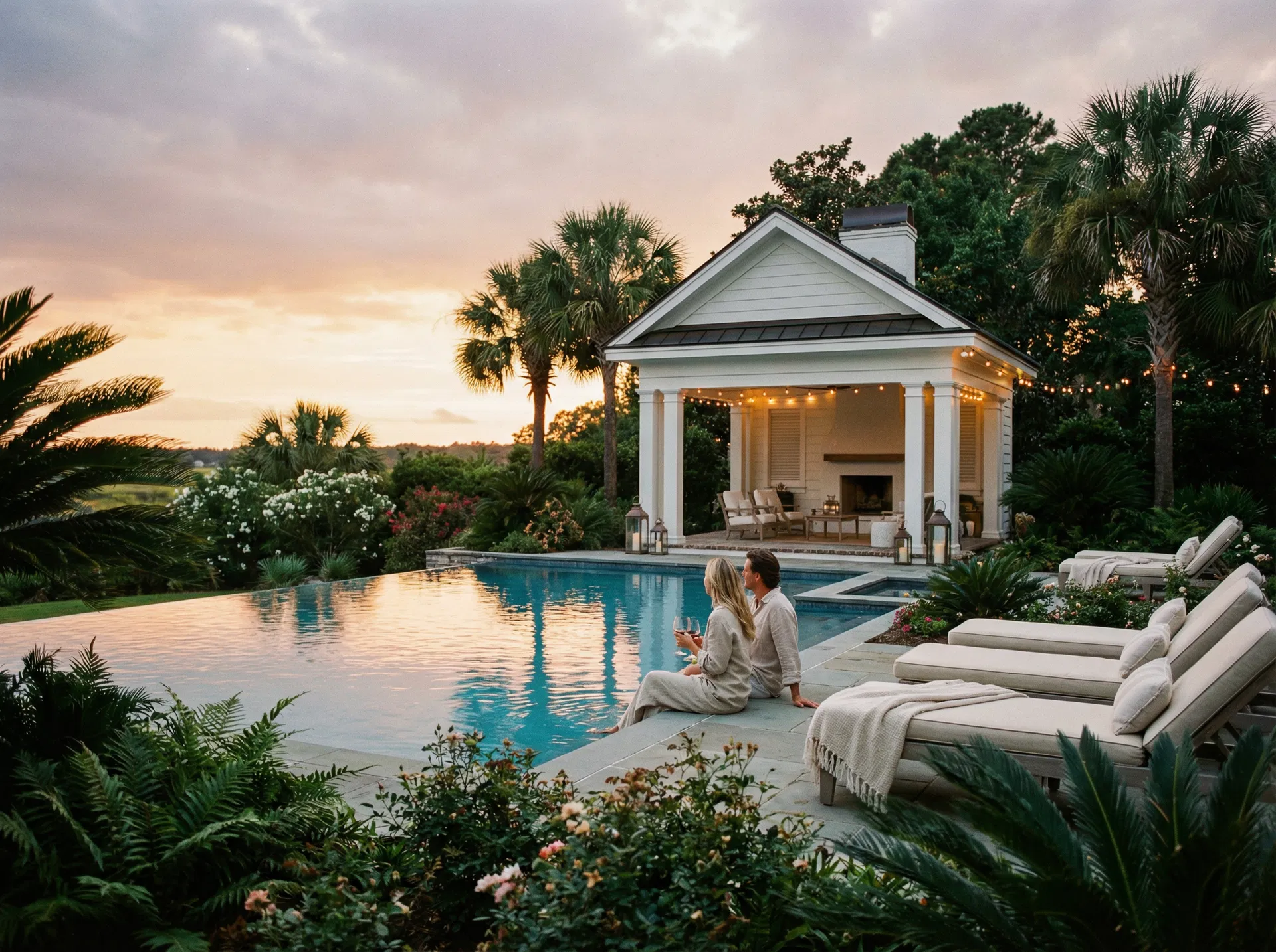 Luxury backyard pool at sunset