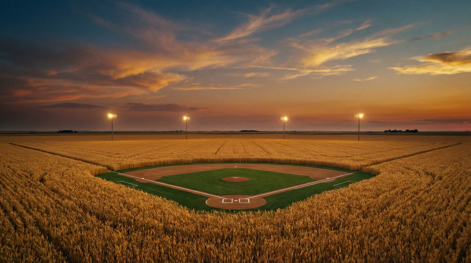 Baseball field in wheat field at twilight