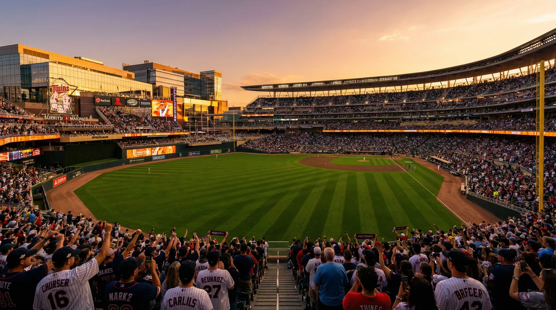 Modern baseball stadium at golden hour