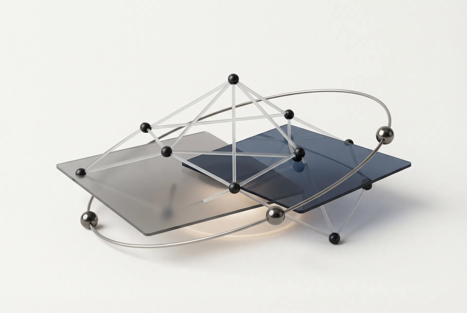 Visual abstrato em azul profundo representando rede e contexto estratégico