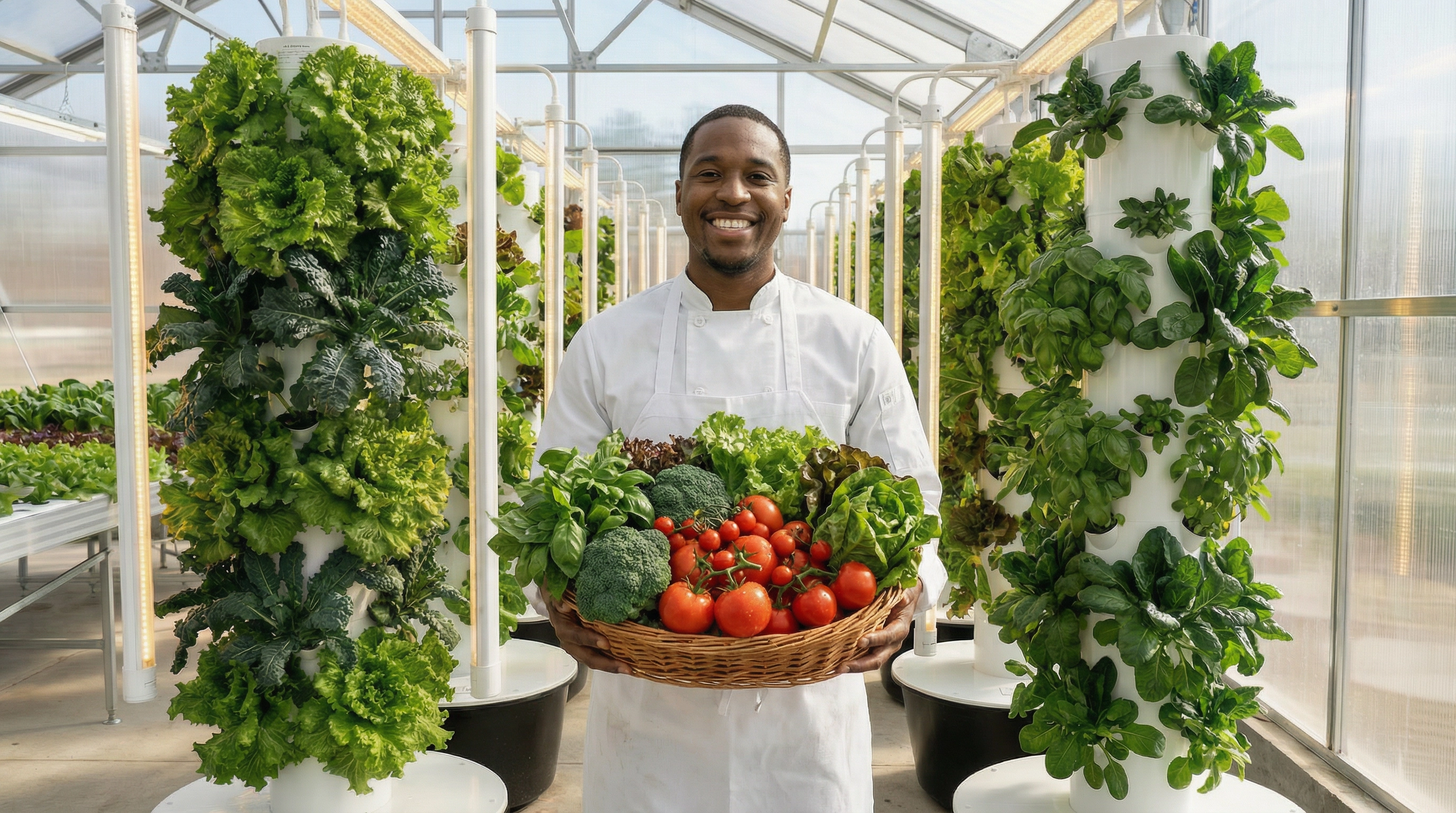Chef holding freshly harvested produce from aeroponic towers in the greenhouse
