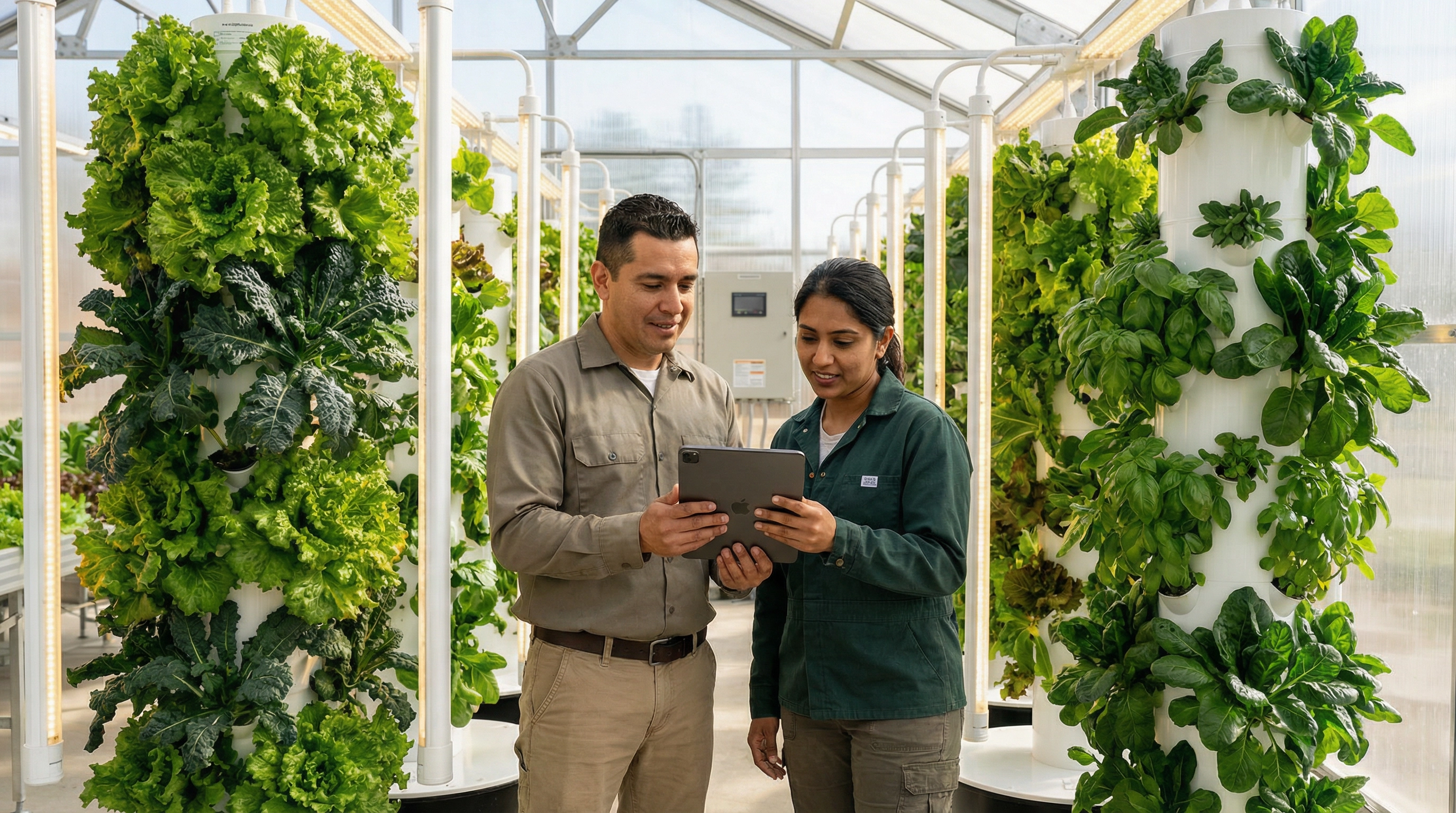 Greenhouse operators collaborating with tablet