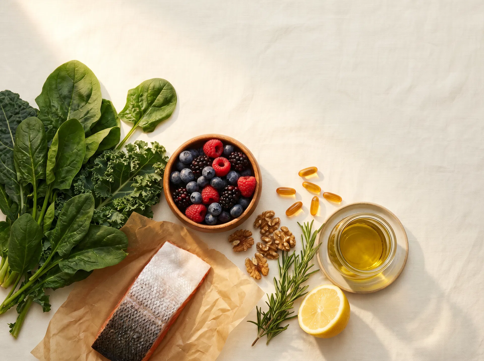 A still life of leafy greens, salmon, berries, walnuts, vitamin capsules, rosemary and olive oil.