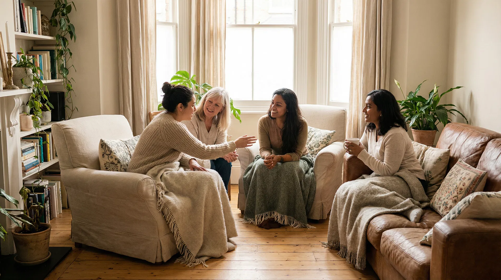 A supportive group of women having a warm conversation