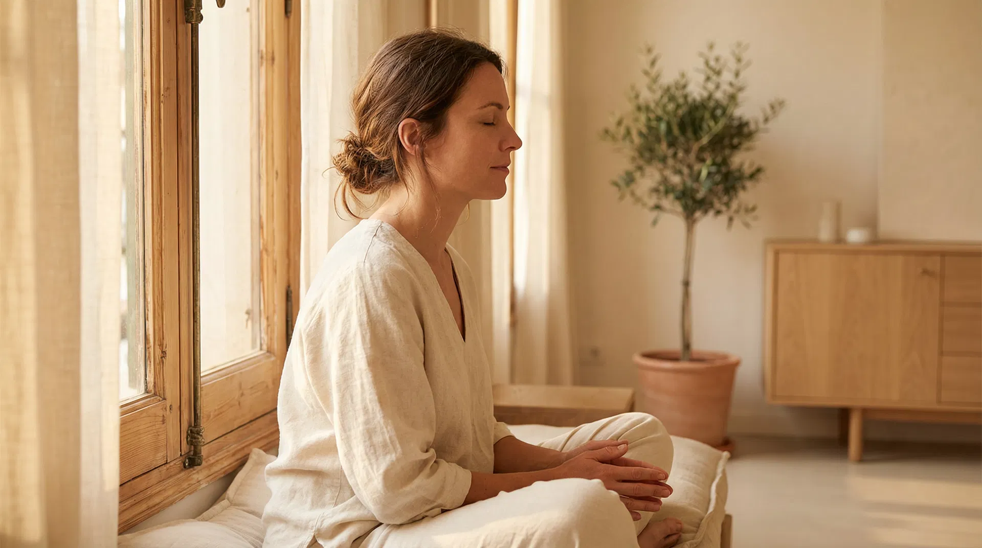 A woman sitting peacefully by a window, eyes gently closed, in a warm minimalist room