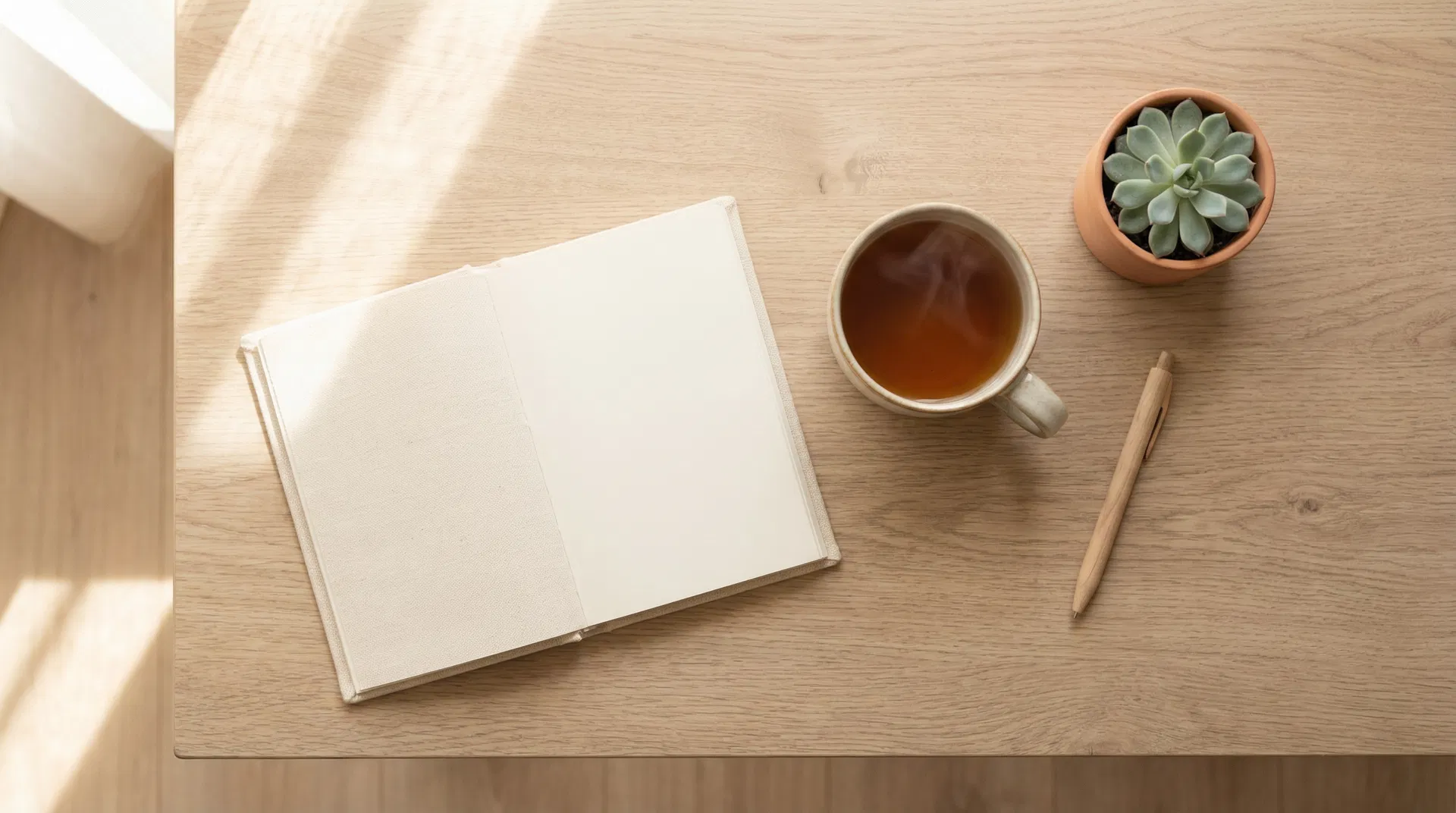 A calm workspace with a journal, tea, and succulent