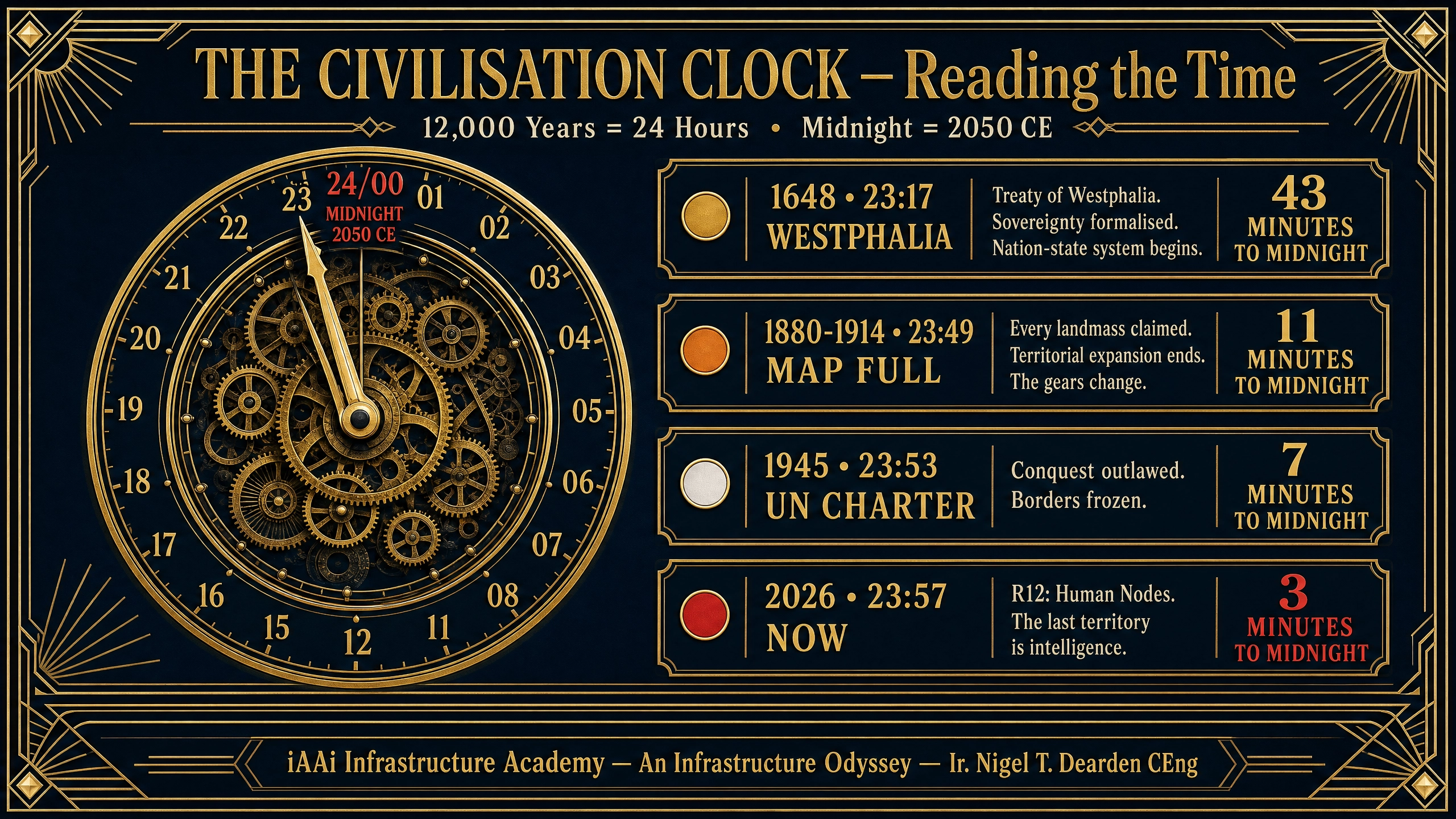 The Civilisation Clock — Reading the Time: Westphalia 23:17, Map Full 23:49, UN Charter 23:53, Now 23:57