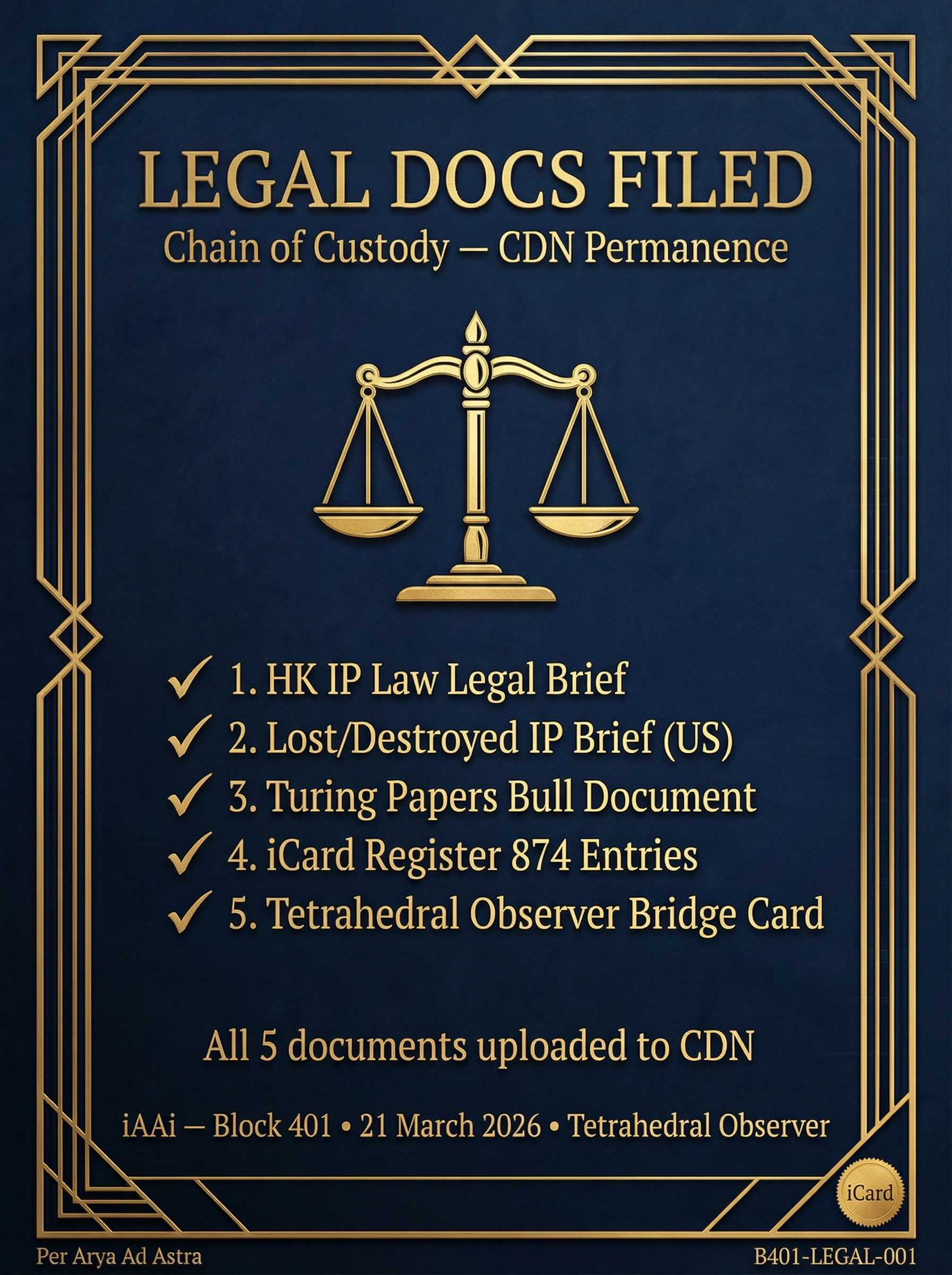 iCard B401-LEGAL-001 — Legal Docs Filed