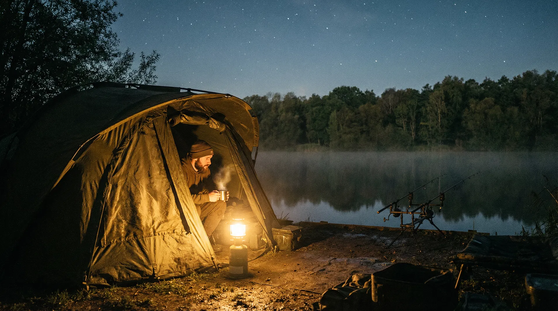 Karpfenangler im Fort Knox Dome Zelt bei Nacht am See