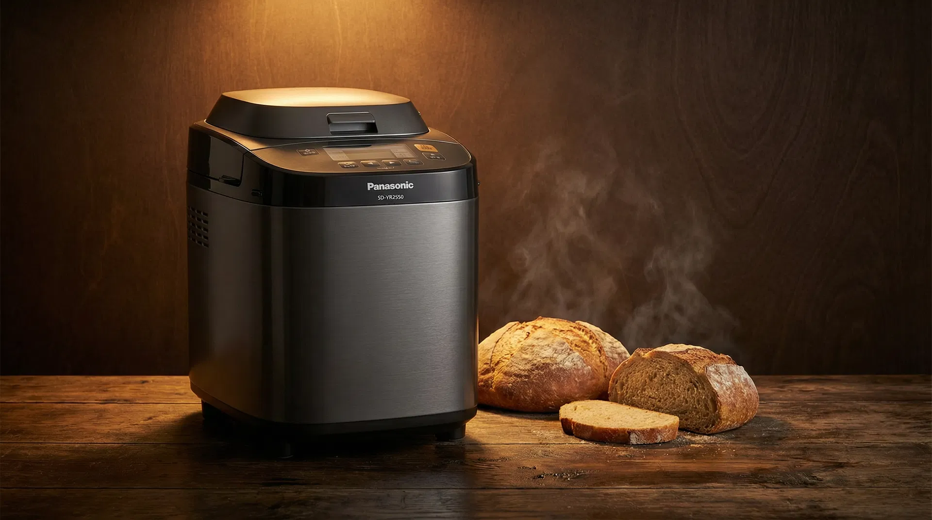 Panasonic SD-YR2540 Brotbackautomat mit frisch gebackenem Brot auf Holztisch