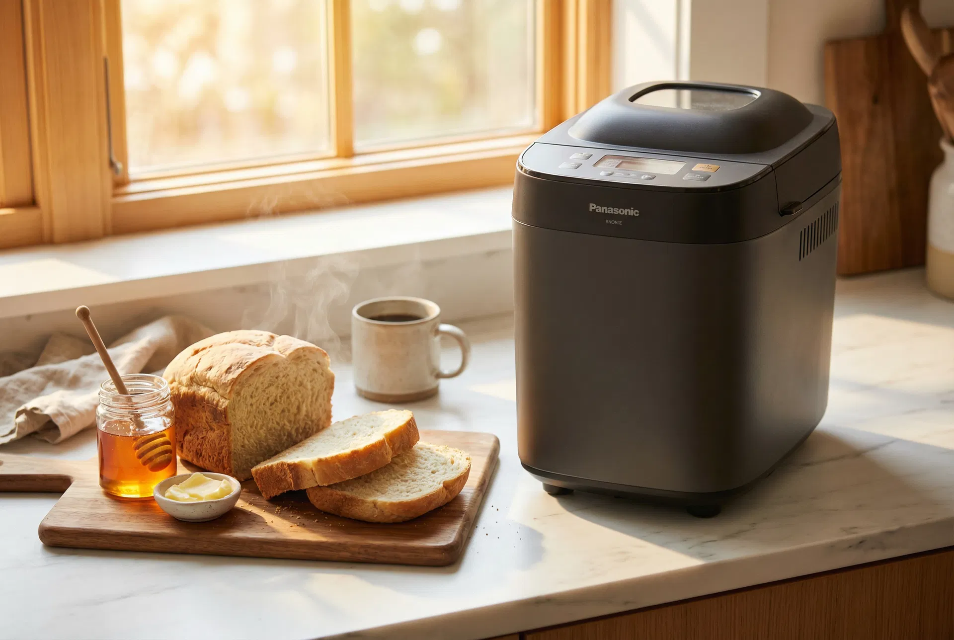 Panasonic Brotbackautomat SD-YR2540 in moderner Küche mit frisch gebackenem Brot