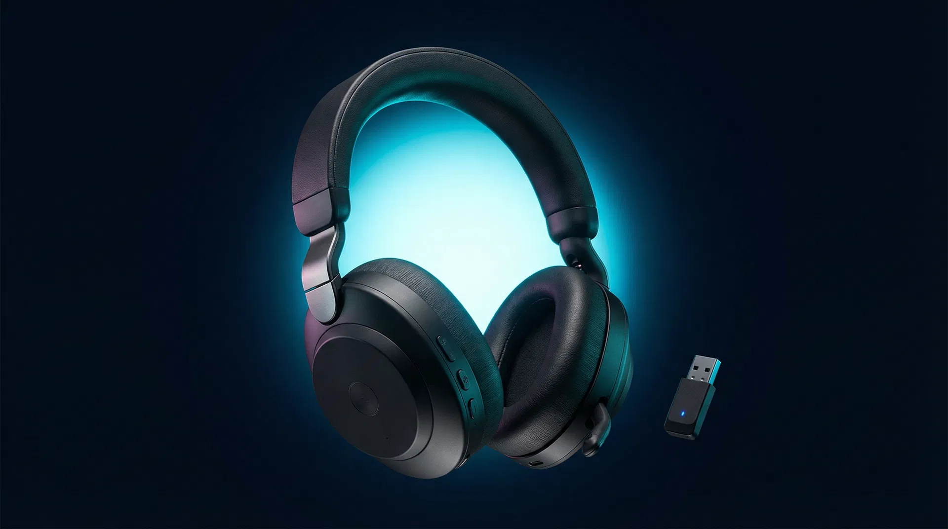 Jabra Evolve2 85 Wireless Headset mit Cyan-Glow auf dunklem Hintergrund