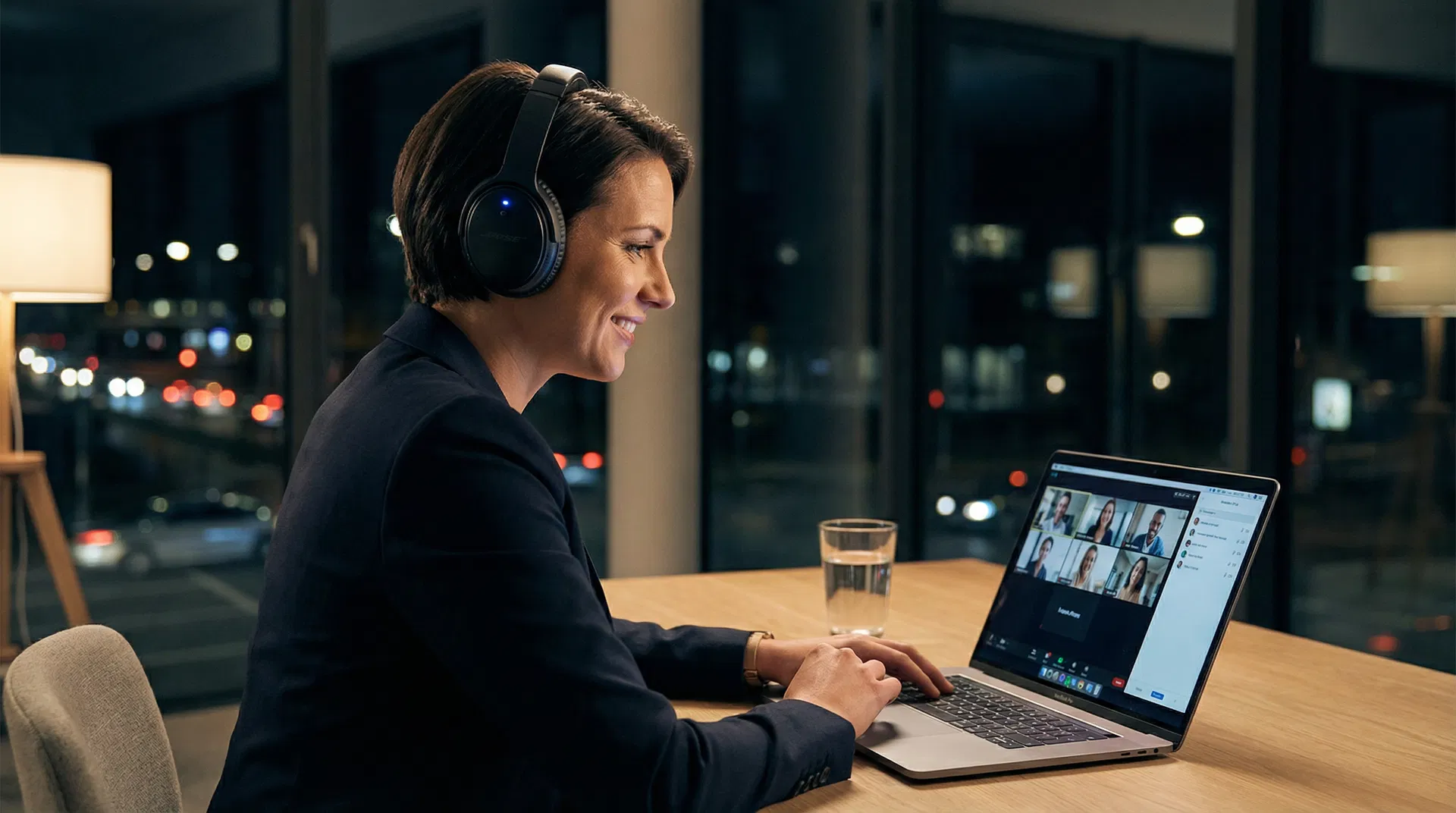 Berufstätige Person trägt Jabra Evolve2 85 in einem Videocall