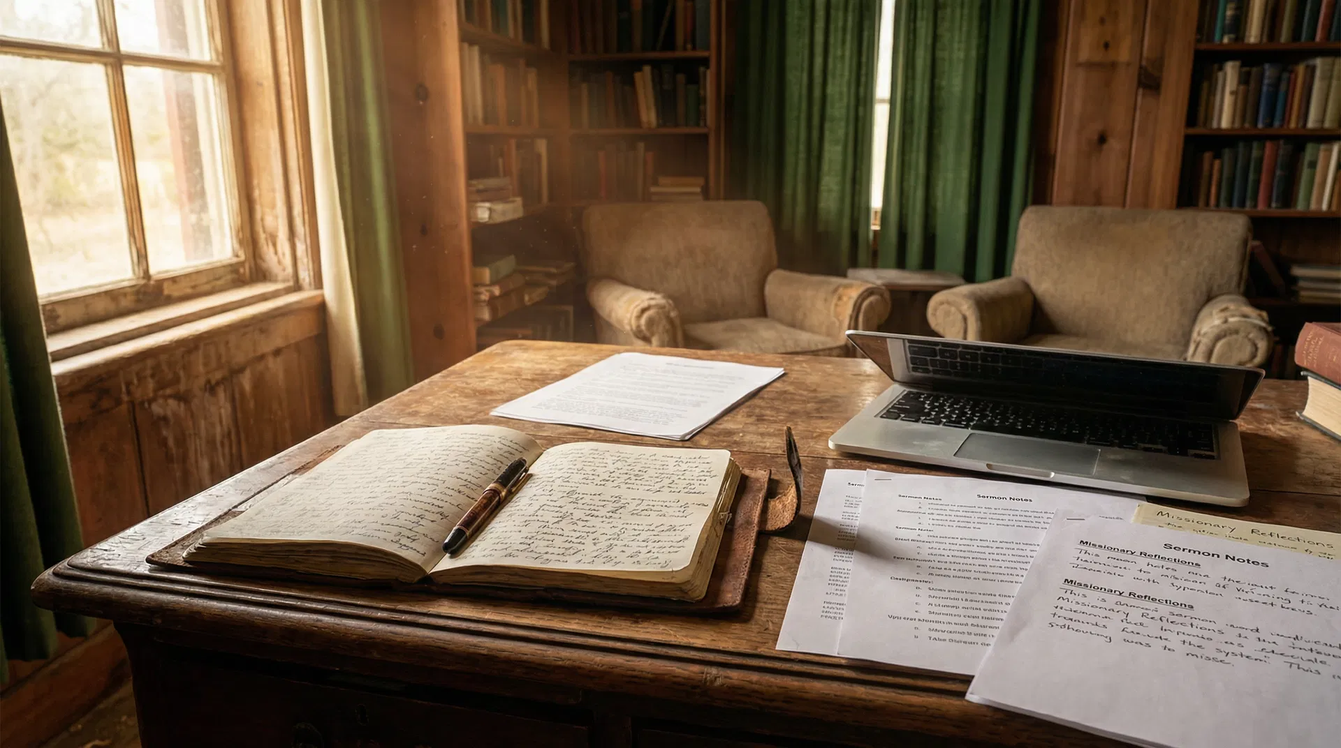 A pastor's study desk with sermon notes and journal