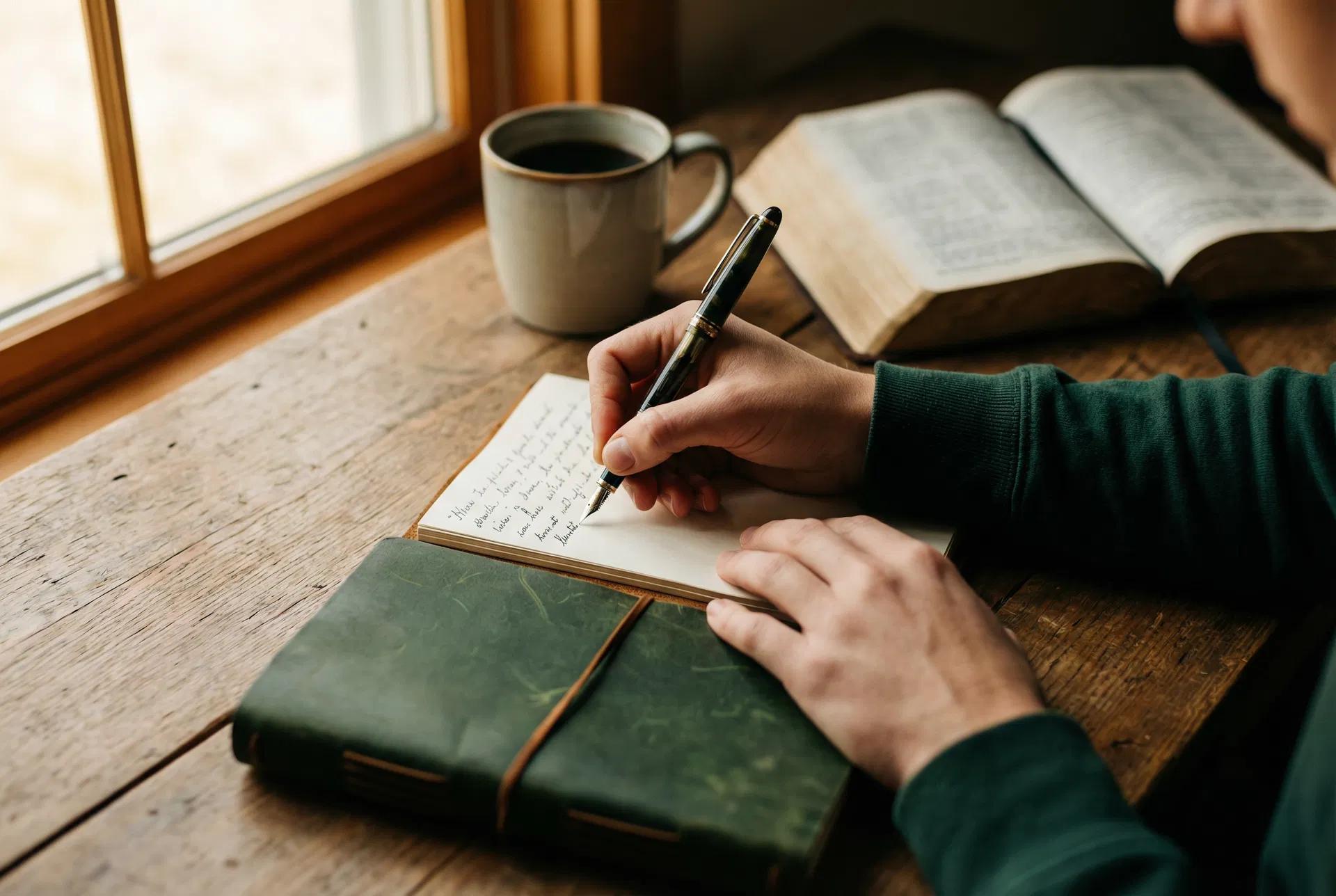 Hands writing in a journal with Bible and coffee