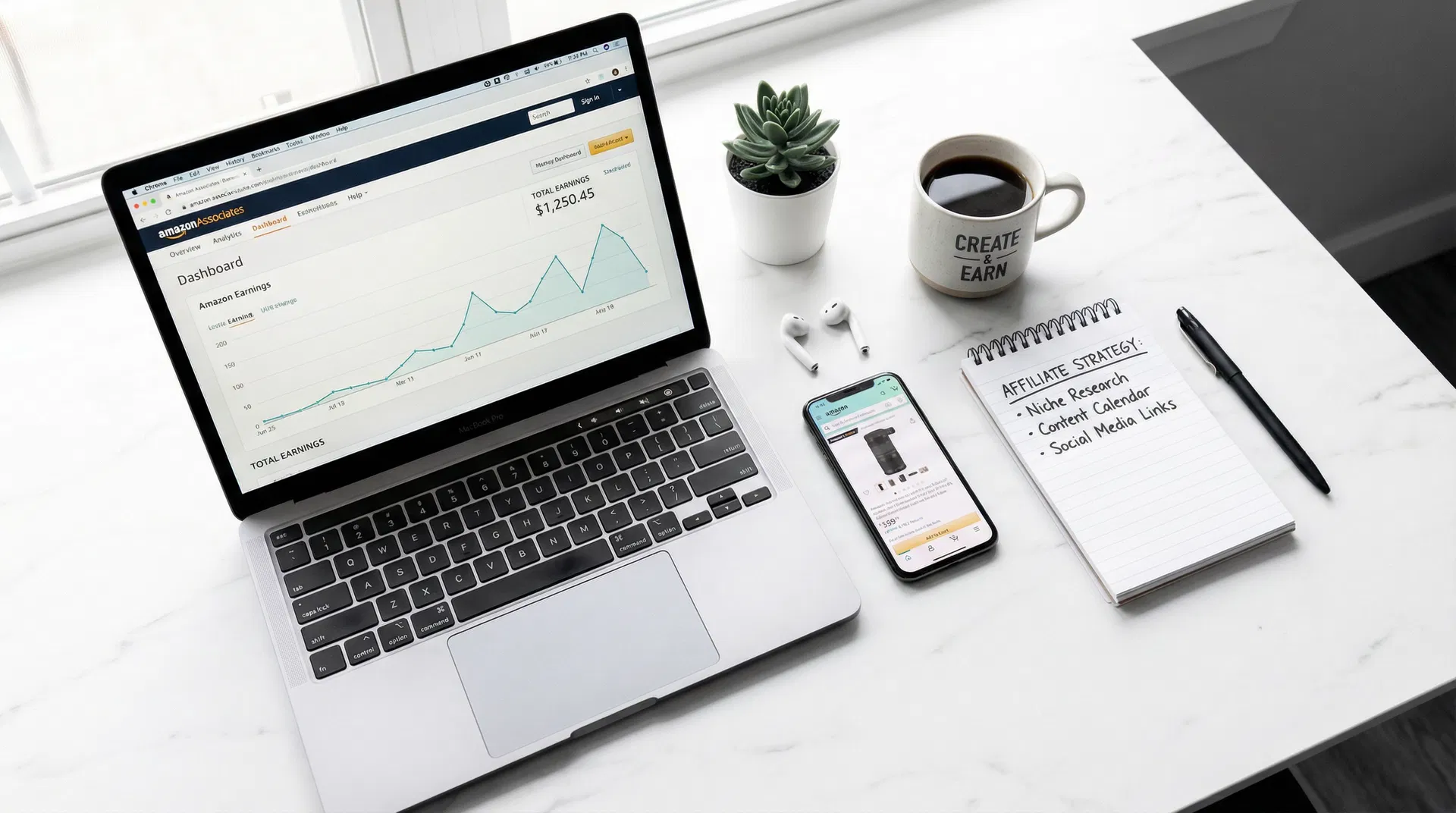Programa de Afiliados Amazon Associates - dashboard com ganhos e estratégia de afiliados