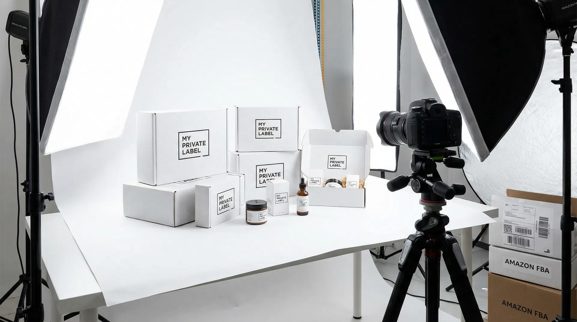 Private Label na Amazon - produtos com marca própria em estúdio fotográfico com caixas Amazon FBA