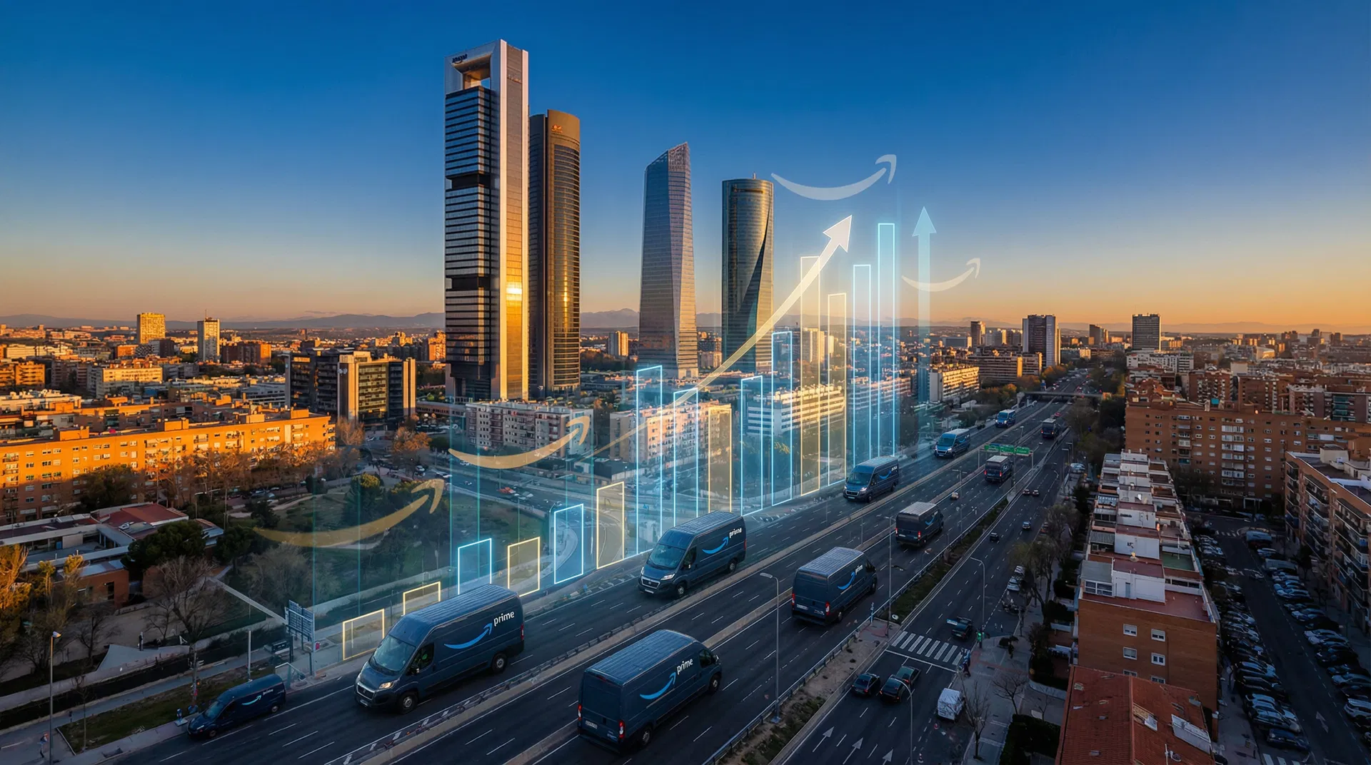 Top 10 agências Amazon Espanha 2026 - vista aérea de Madrid com carrinhas Amazon