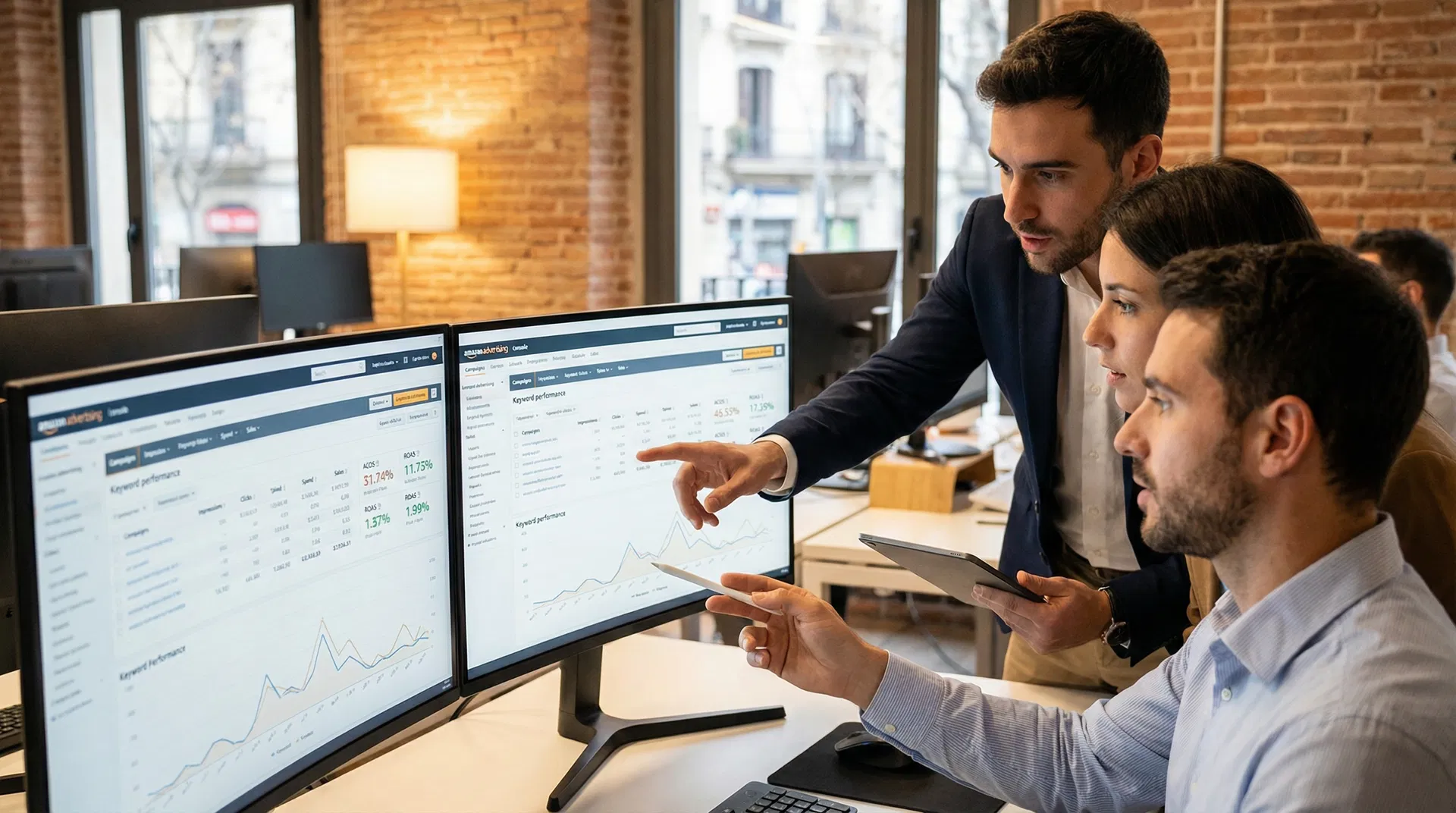 Equipa de agência Amazon Espanha a analisar campanhas PPC em dashboards de Amazon Advertising