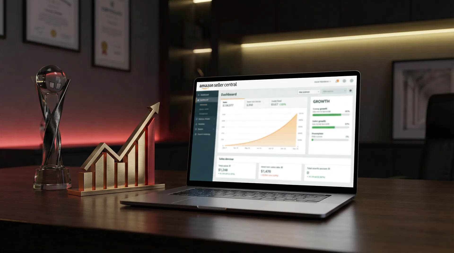 Resultados de vendas na Amazon Seller Central - troféu e gráfico de crescimento