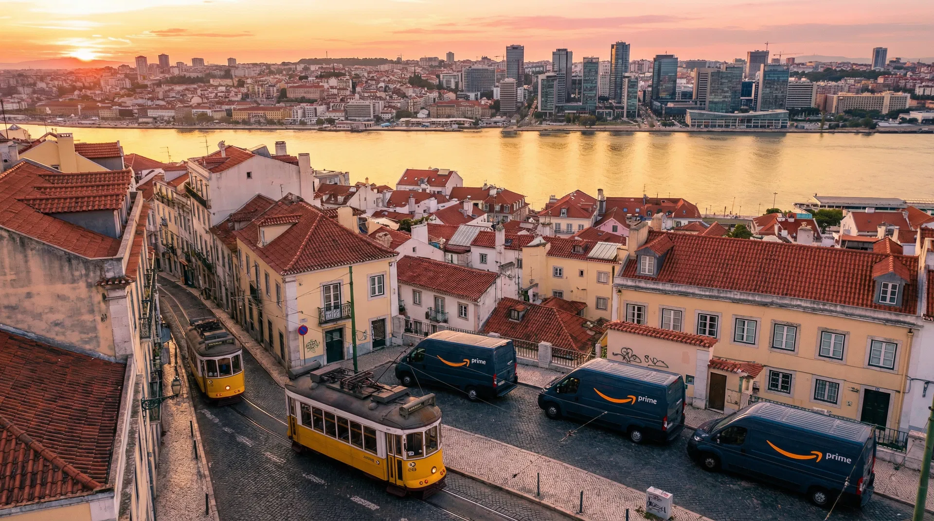 Top 10 agencias Amazon Portugal 2026 - Lisboa al atardecer con furgonetas Amazon Prime