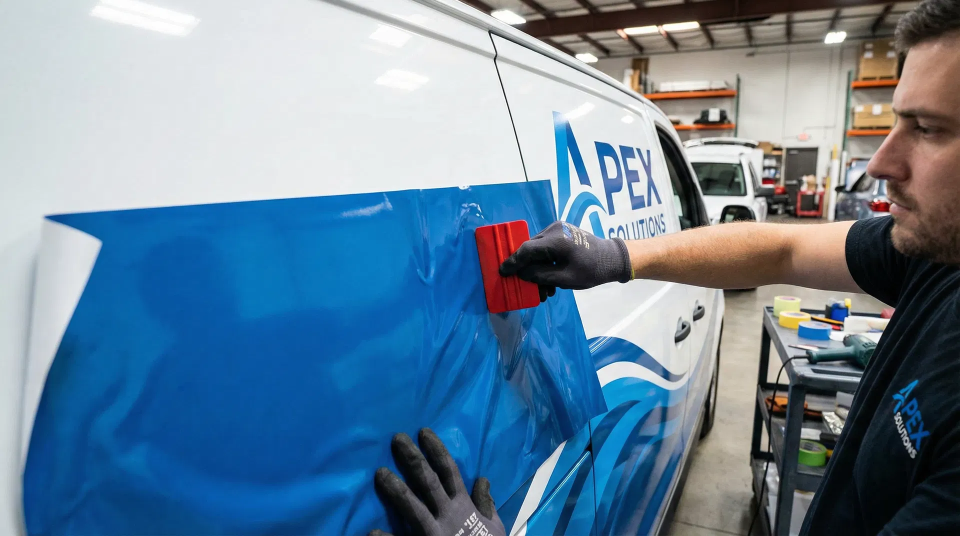 Técnico a aplicar vinil de grande formato numa viatura comercial — Gráfica Ansiães