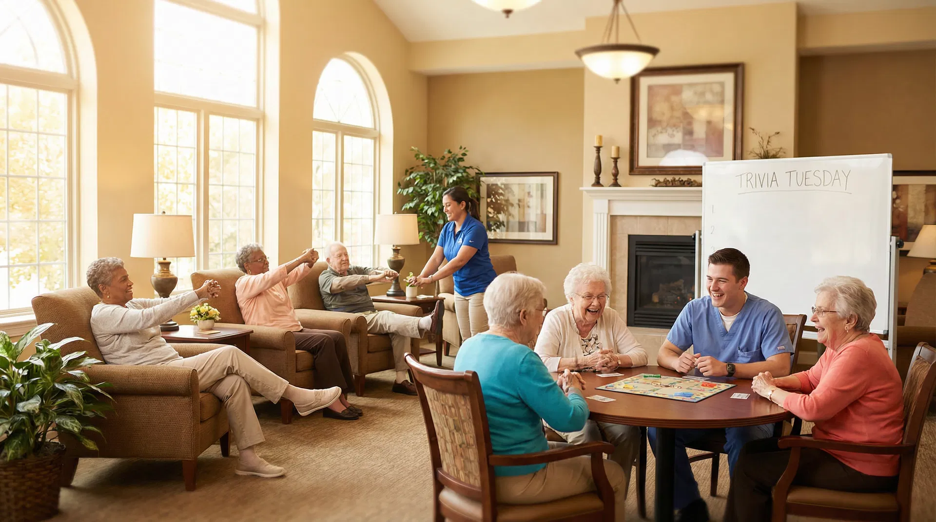 Residents enjoying activities in a skilled nursing facility