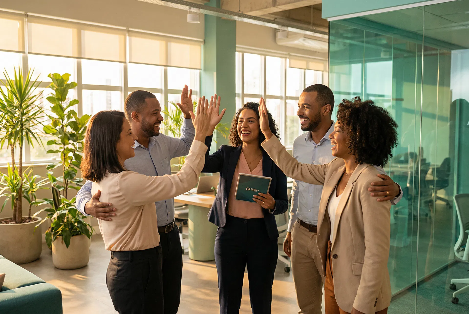 Equipe de pequena empresa celebrando juntos