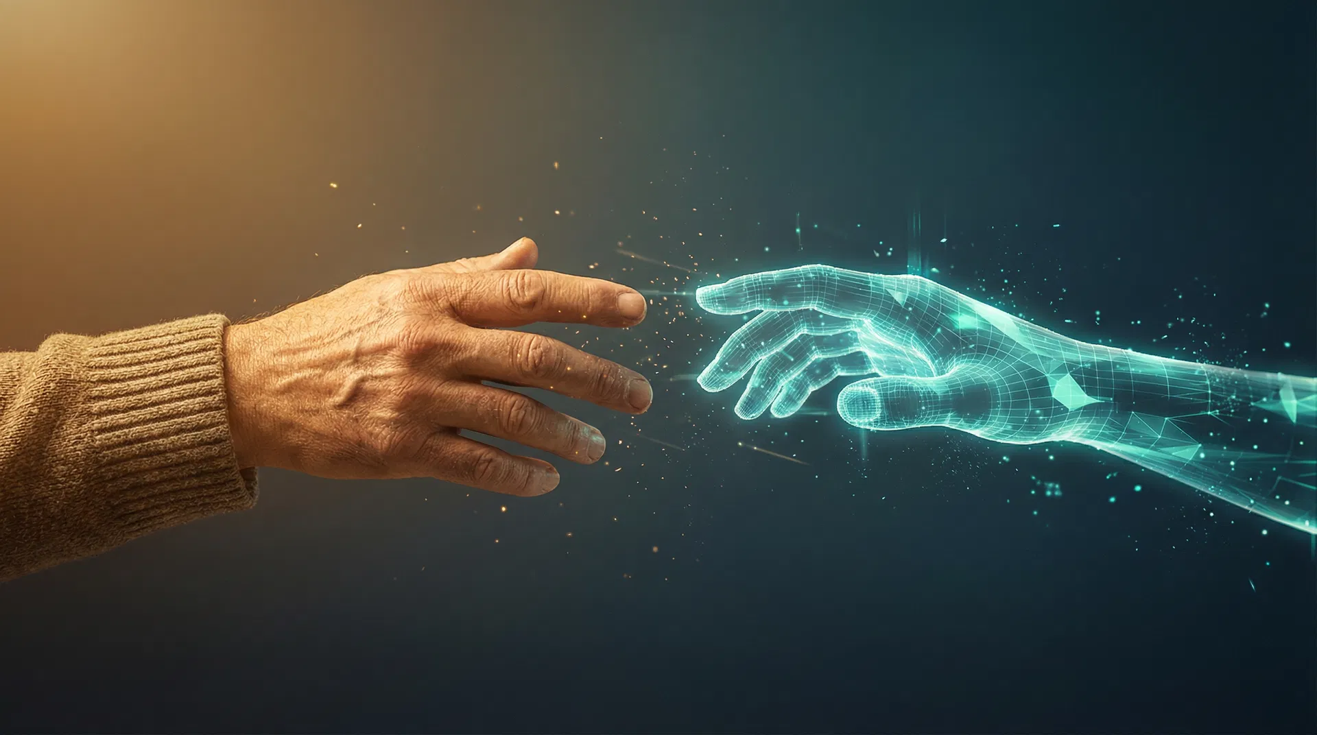 Human and AI collaboration — hands reaching toward each other