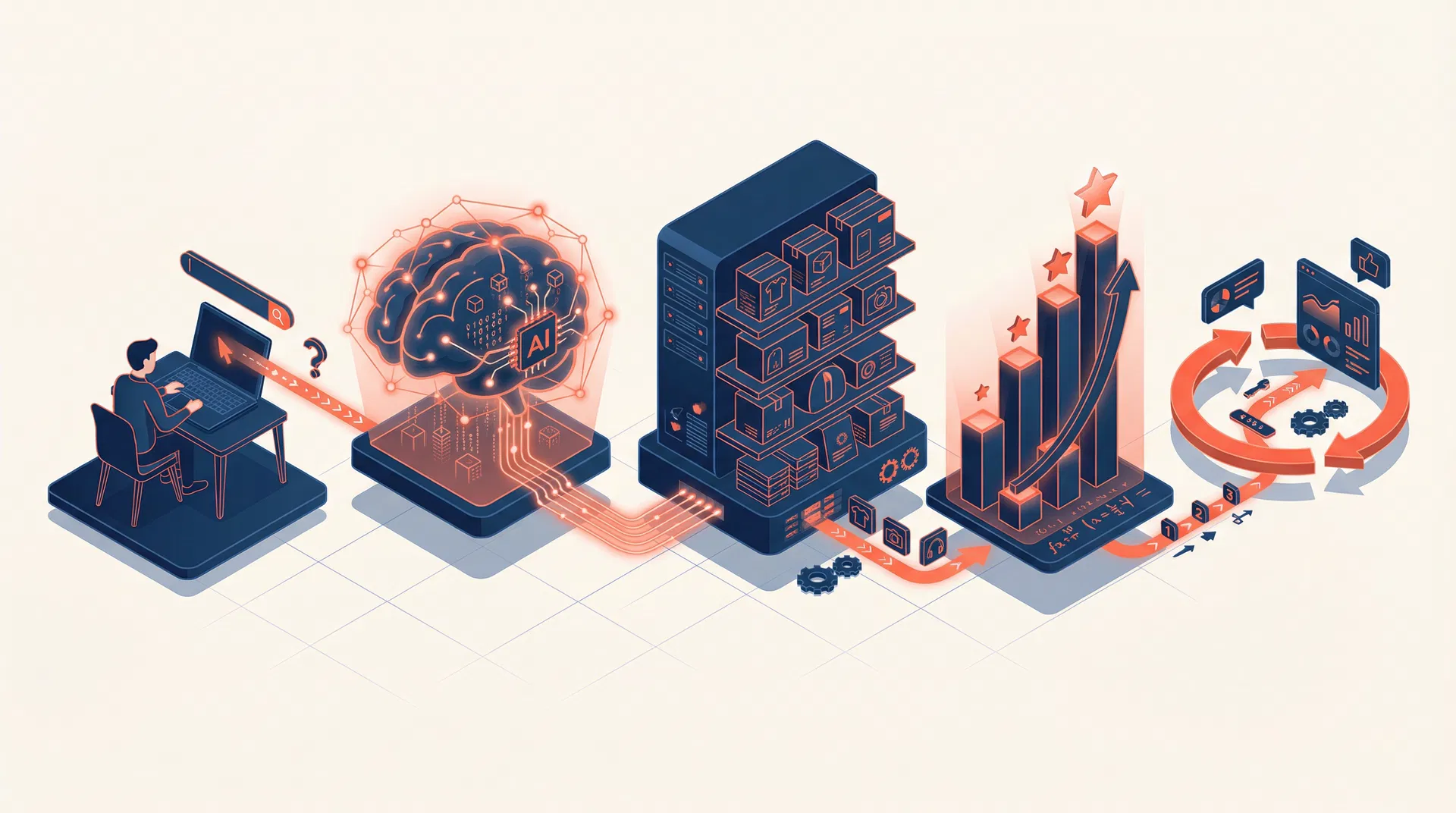 How AI Ecommerce Search works — 5-step pipeline illustration