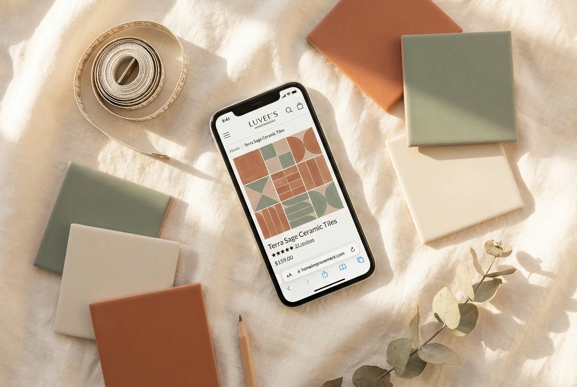Smartphone showing a tile product page from a home improvement website surrounded by actual tile samples