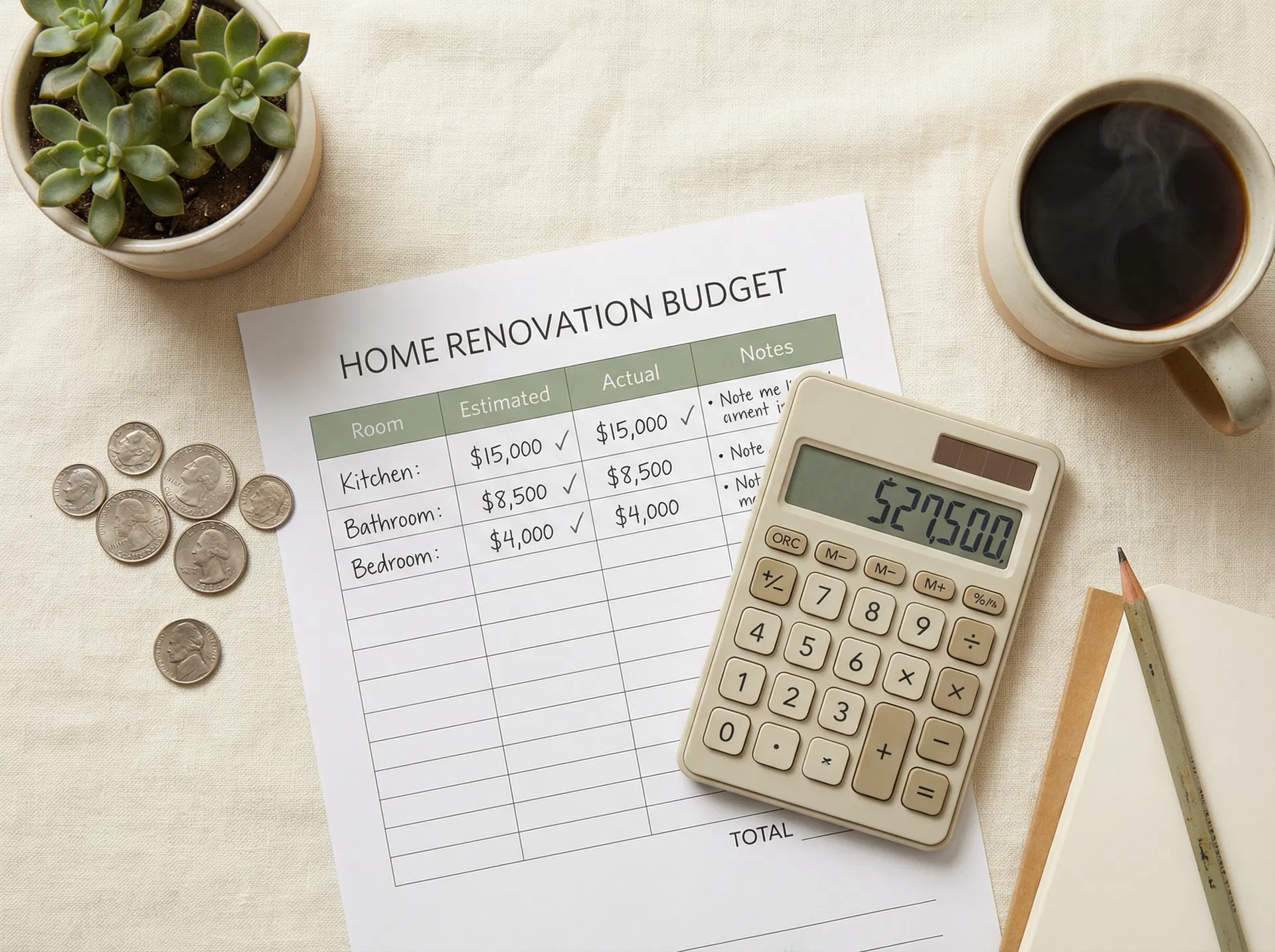 Home renovation budget worksheet with calculator and coffee on a cream surface