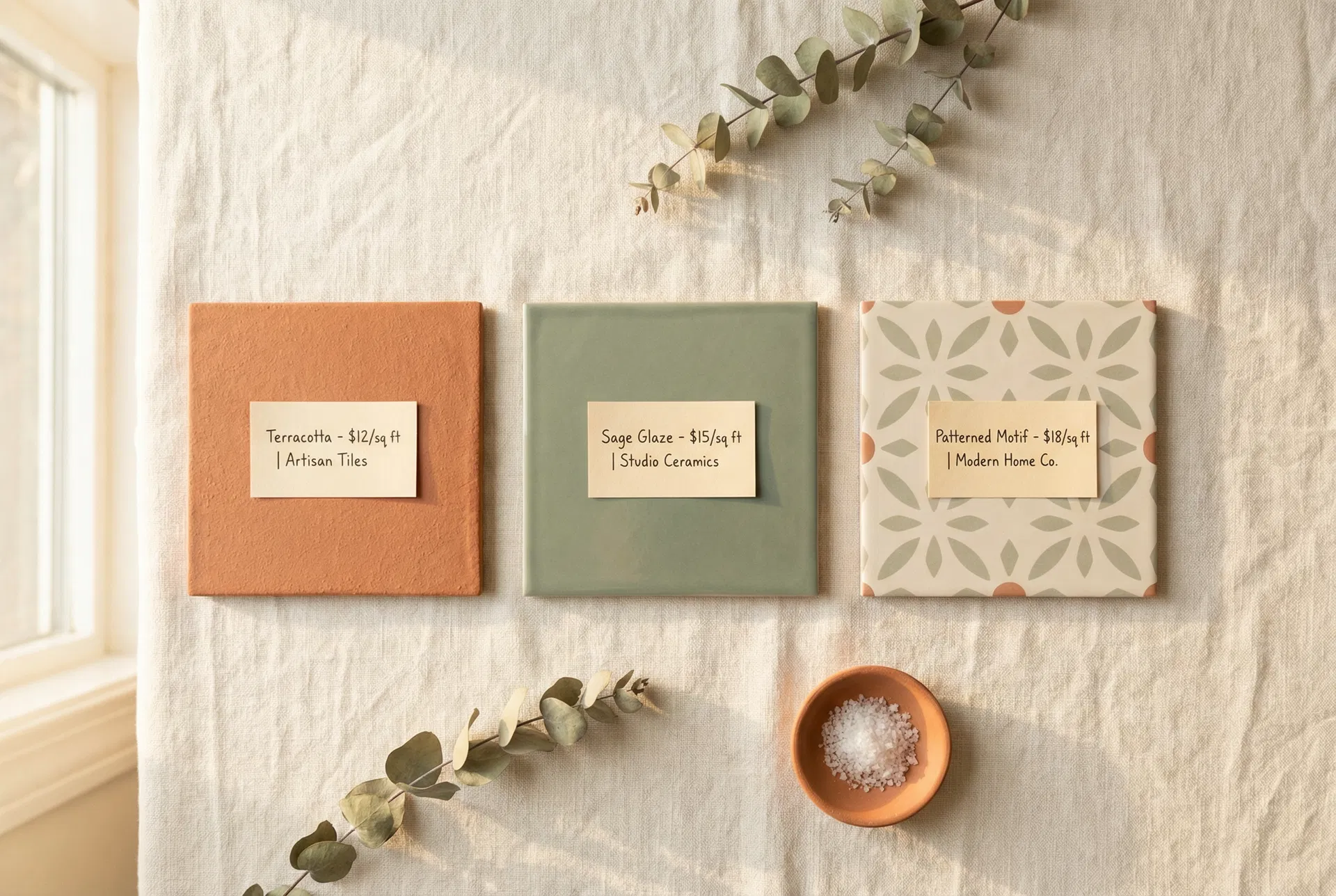Three tile samples side by side with handwritten price and vendor label cards