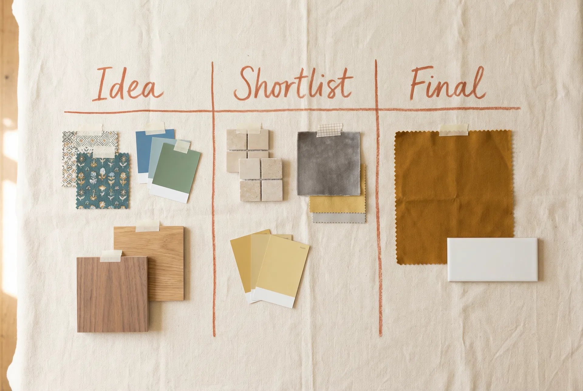 Kanban board with Idea, Shortlist, and Final columns filled with material swatches and paint chips