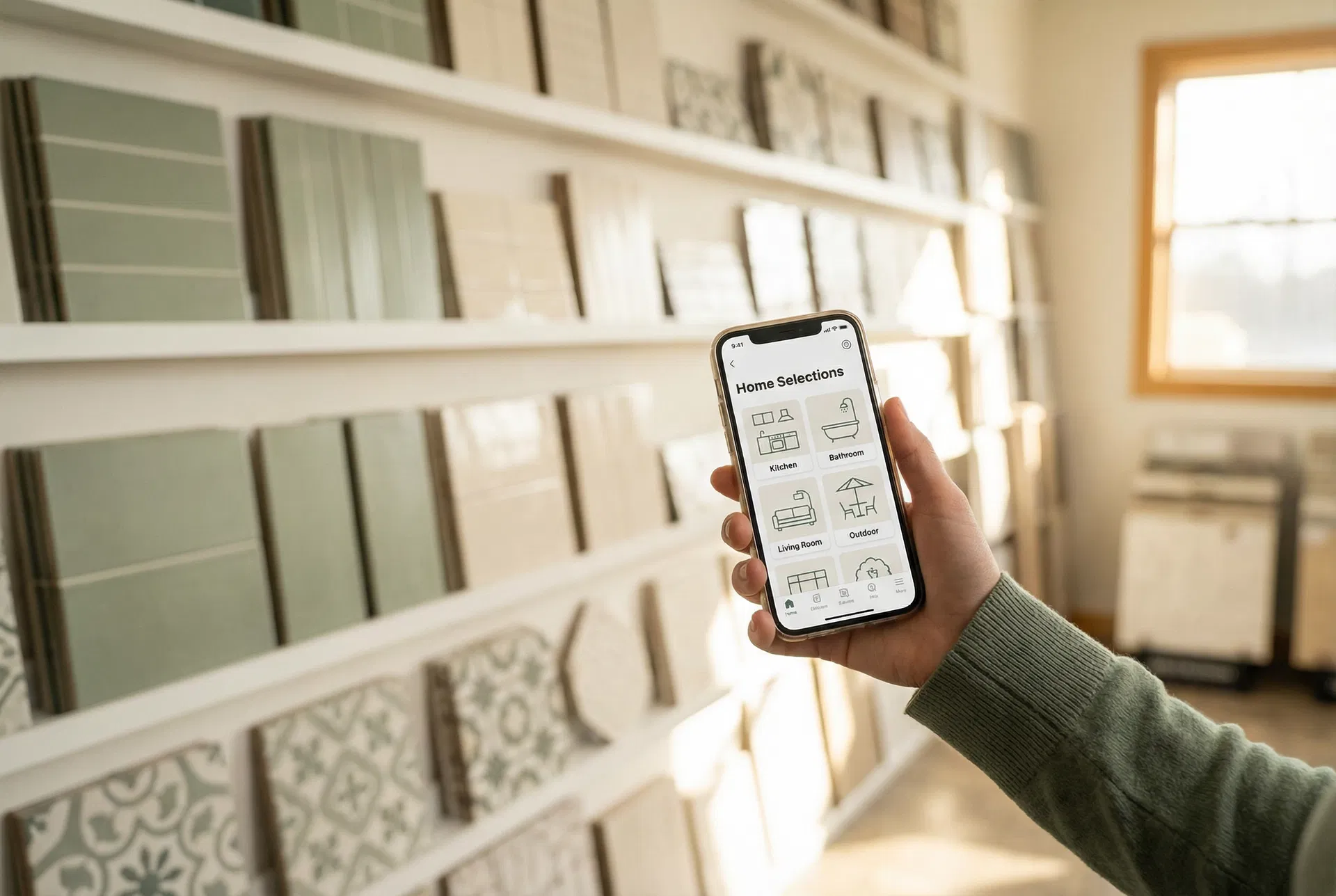 Hand holding a smartphone with a home selections app at a tile showroom with shelves of tile samples in the background