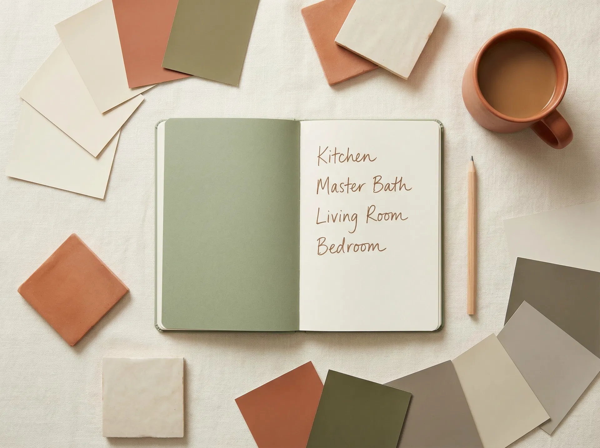 Sage green notebook with room names surrounded by tile and paint swatches