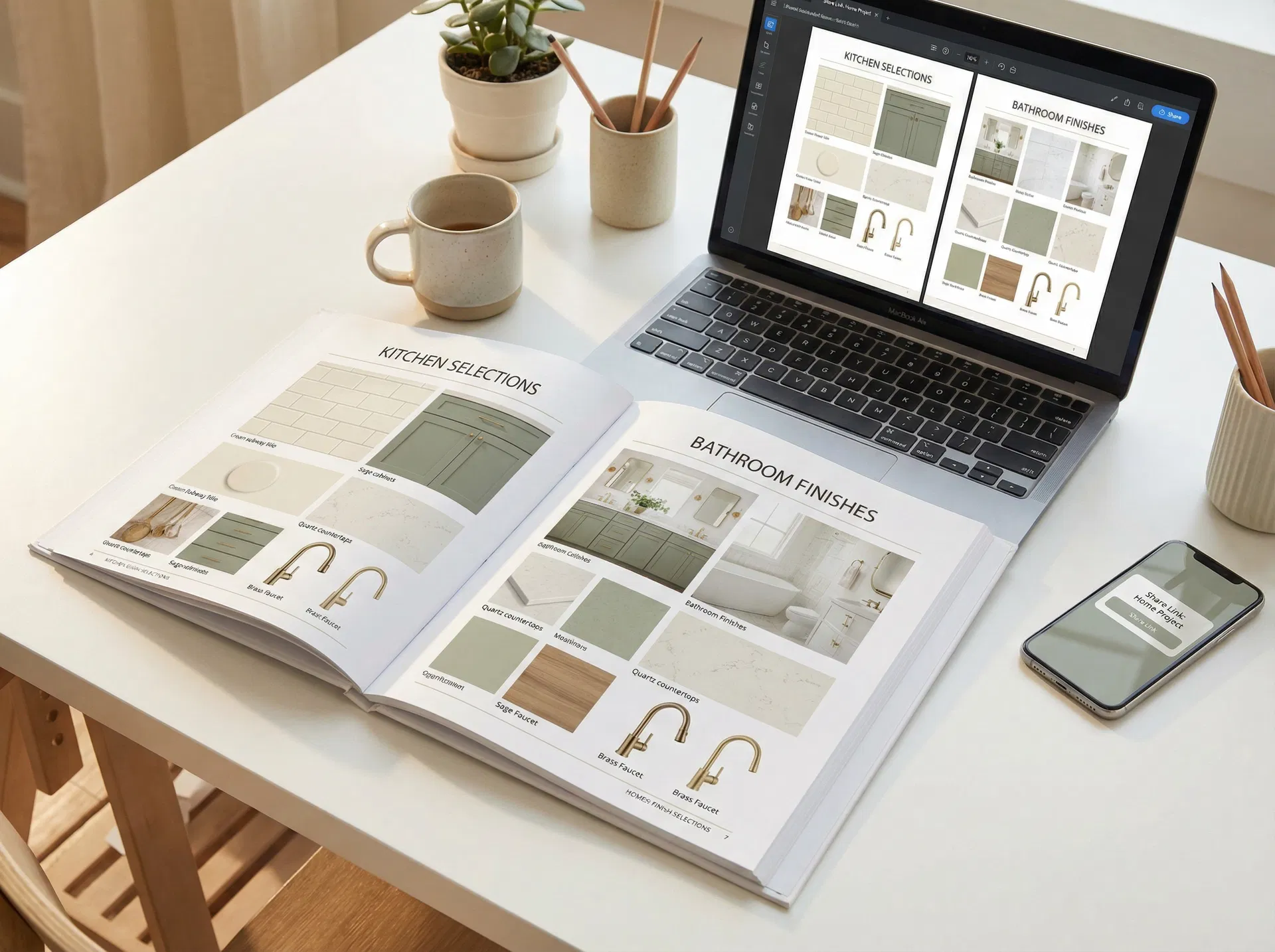 Printed home finish selections document next to a laptop showing the digital version