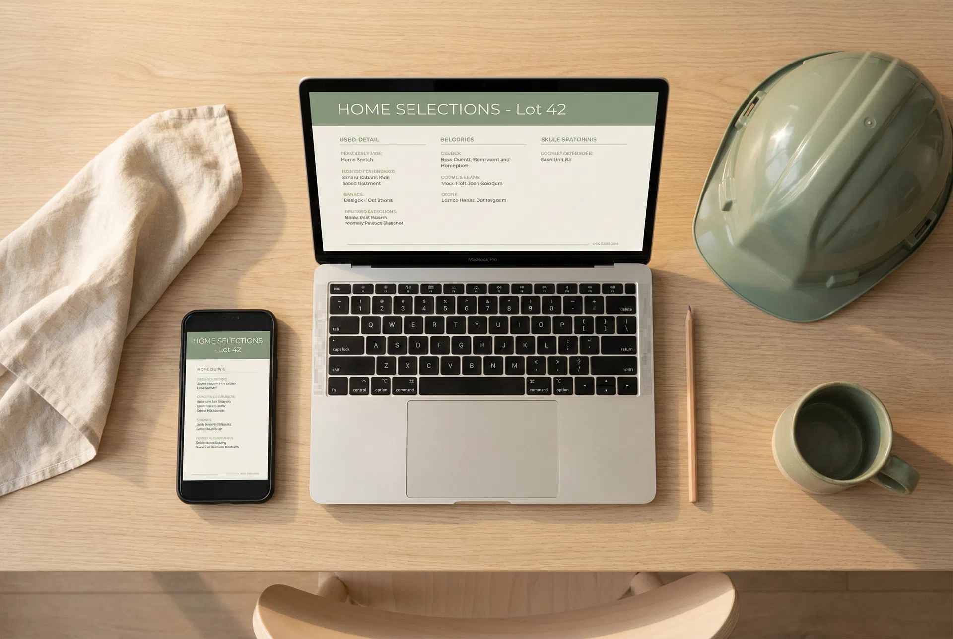 Smartphone and laptop side by side showing the same home selections document, builder hard hat nearby