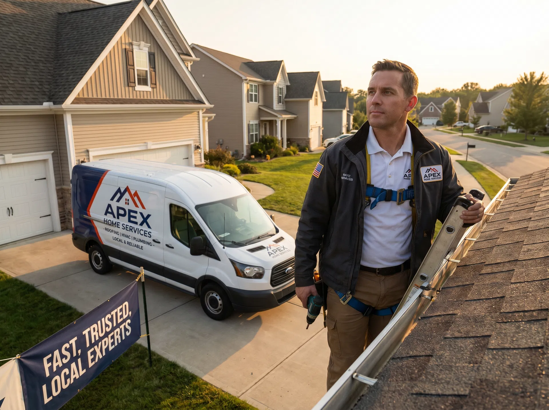Home services contractor on a rooftop with branded work van in the background