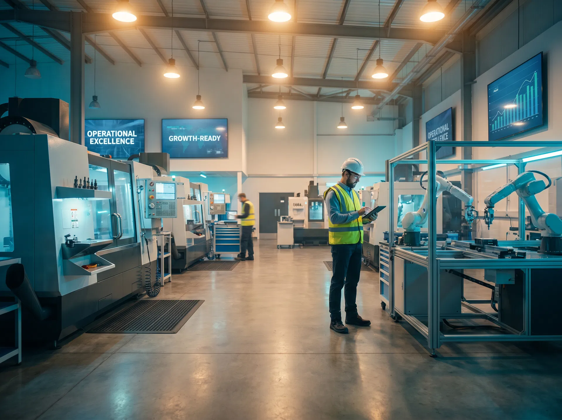 Manufacturing facility with manager reviewing operations on tablet