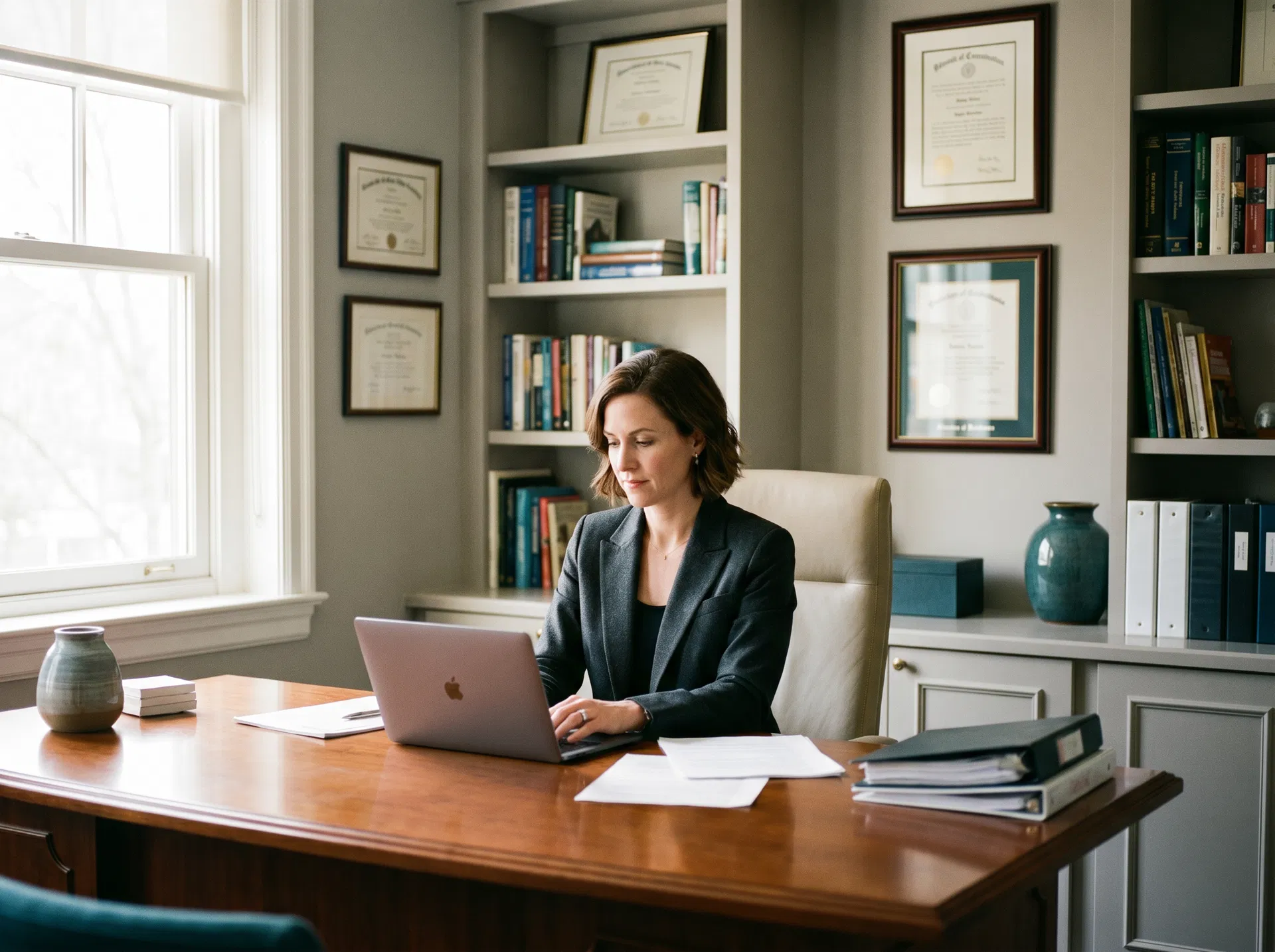 Professional services advisor working at desk with credentials on wall