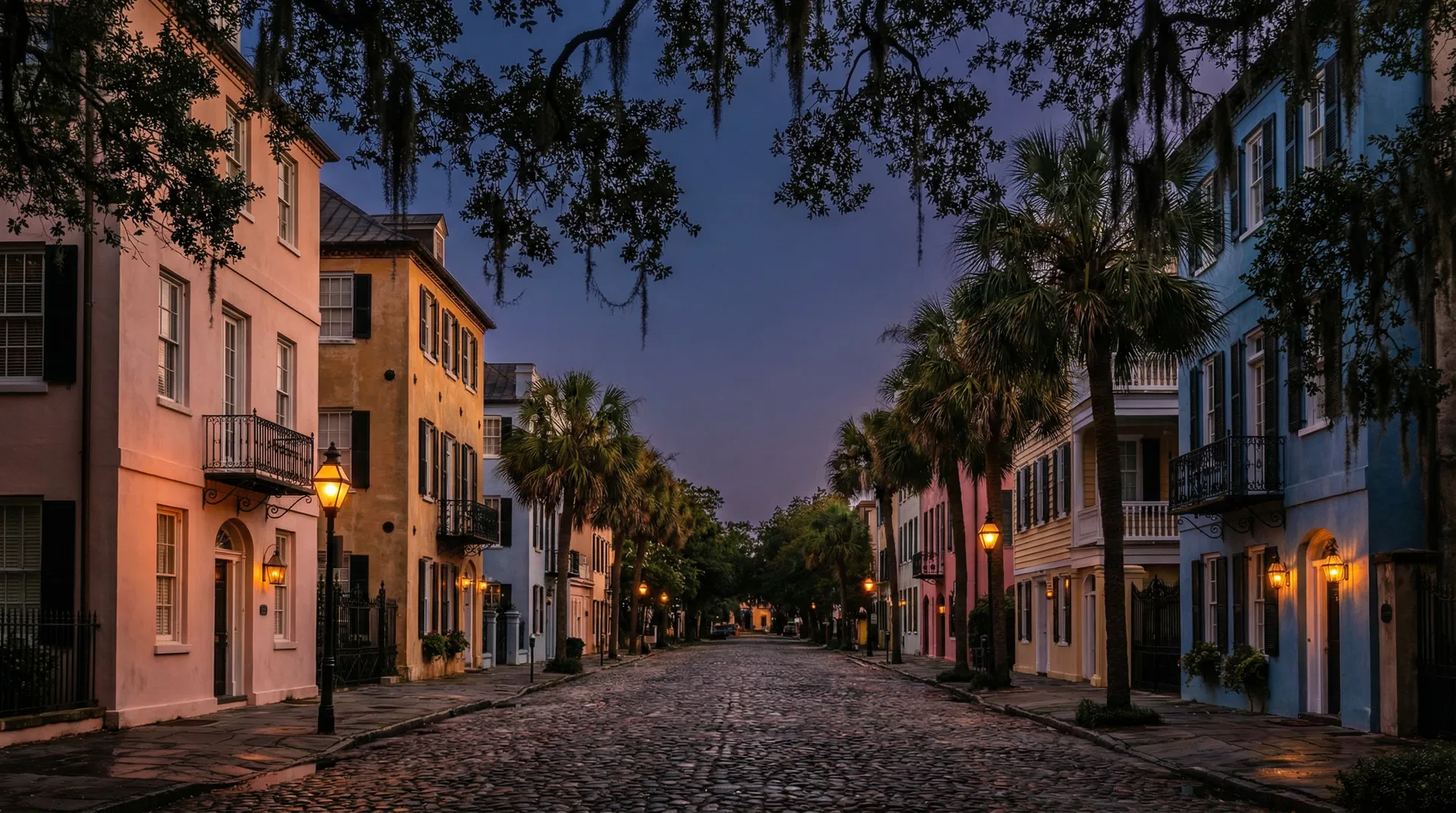 Charleston historic district at twilight