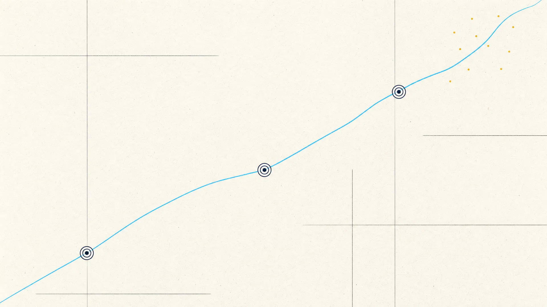 Editorial illustration of a meandering cyan path with three concentric navy circles marking stations