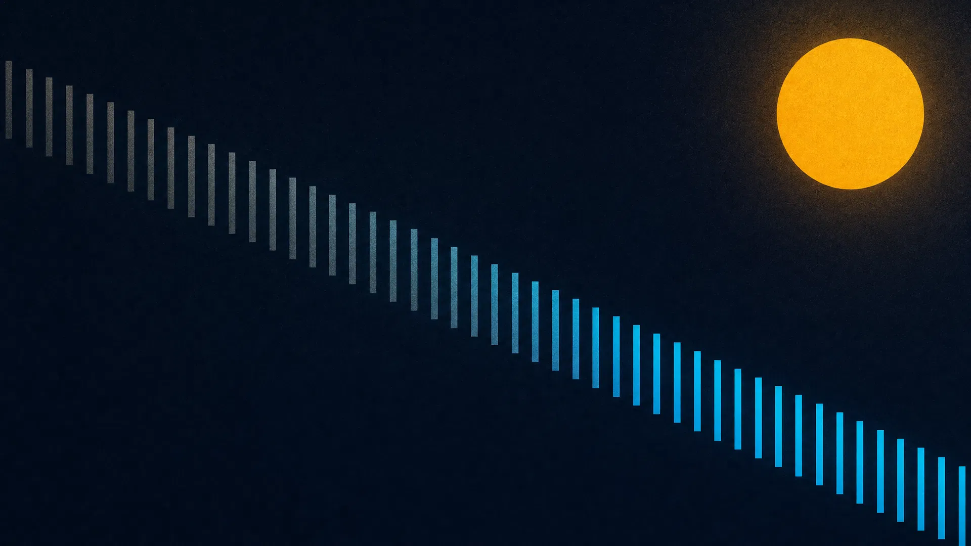 Editorial illustration of diagonal cyan bars on deep navy with an amber circle in the upper right