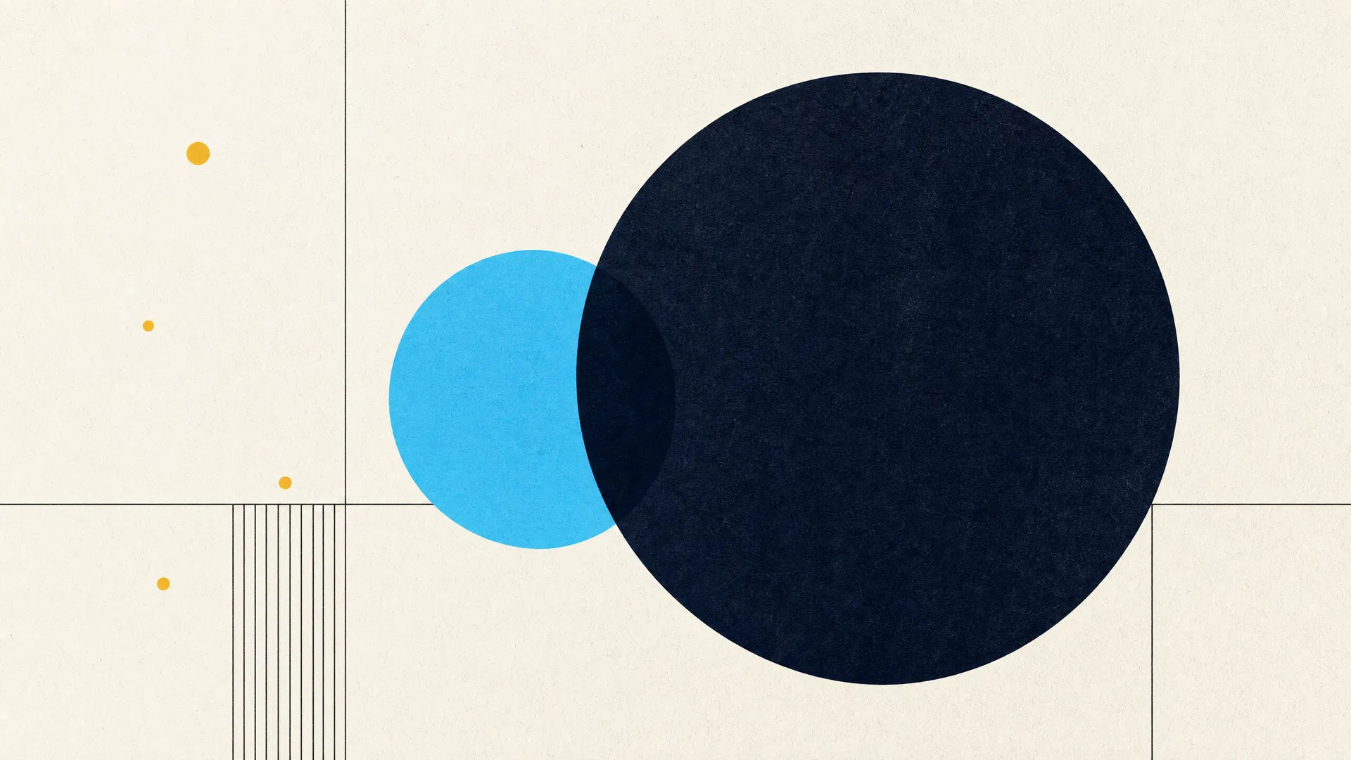 Abstract editorial illustration with overlapping navy and cyan circles on warm paper background