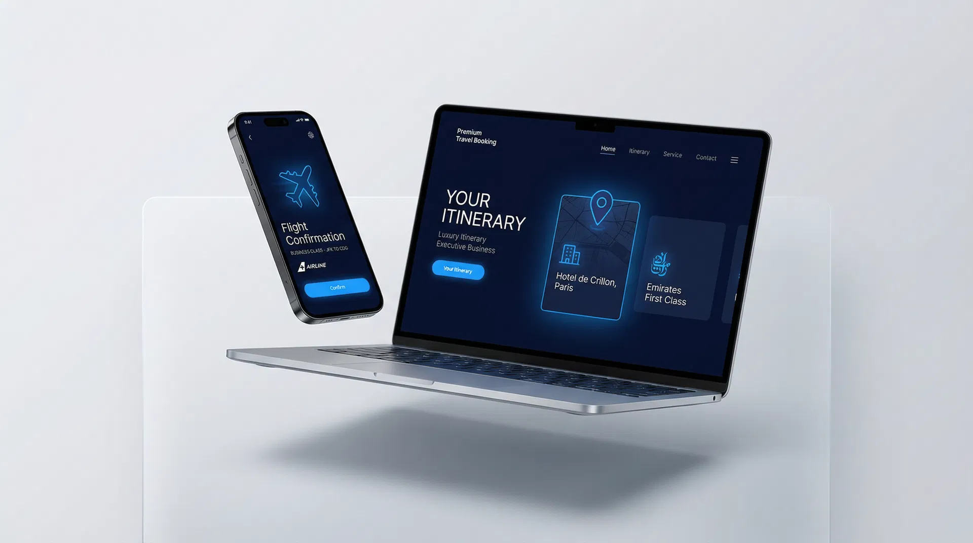 Voyagent product interface showing travel itinerary on laptop and mobile