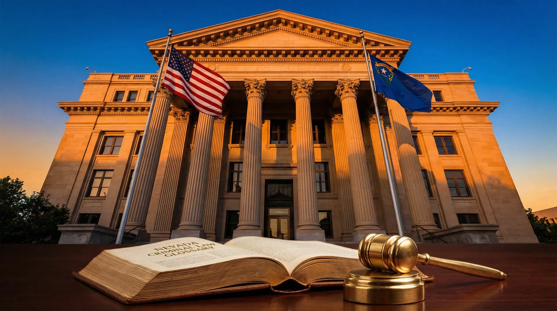 Nevada courthouse with American and Nevada state flags — Nevada Criminal Law Glossary by Thomas Boley