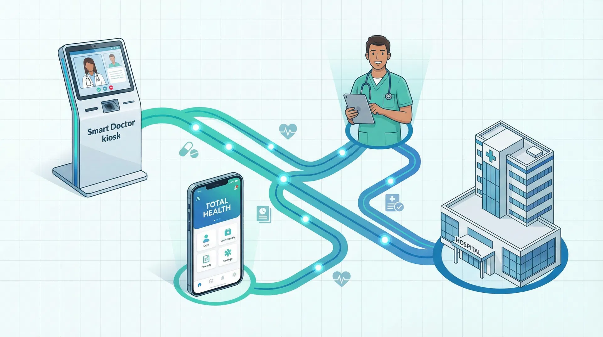 Platform Integration - Complete phygital healthcare ecosystem showing kiosk, mobile app, telemedicine, and pharmacy services