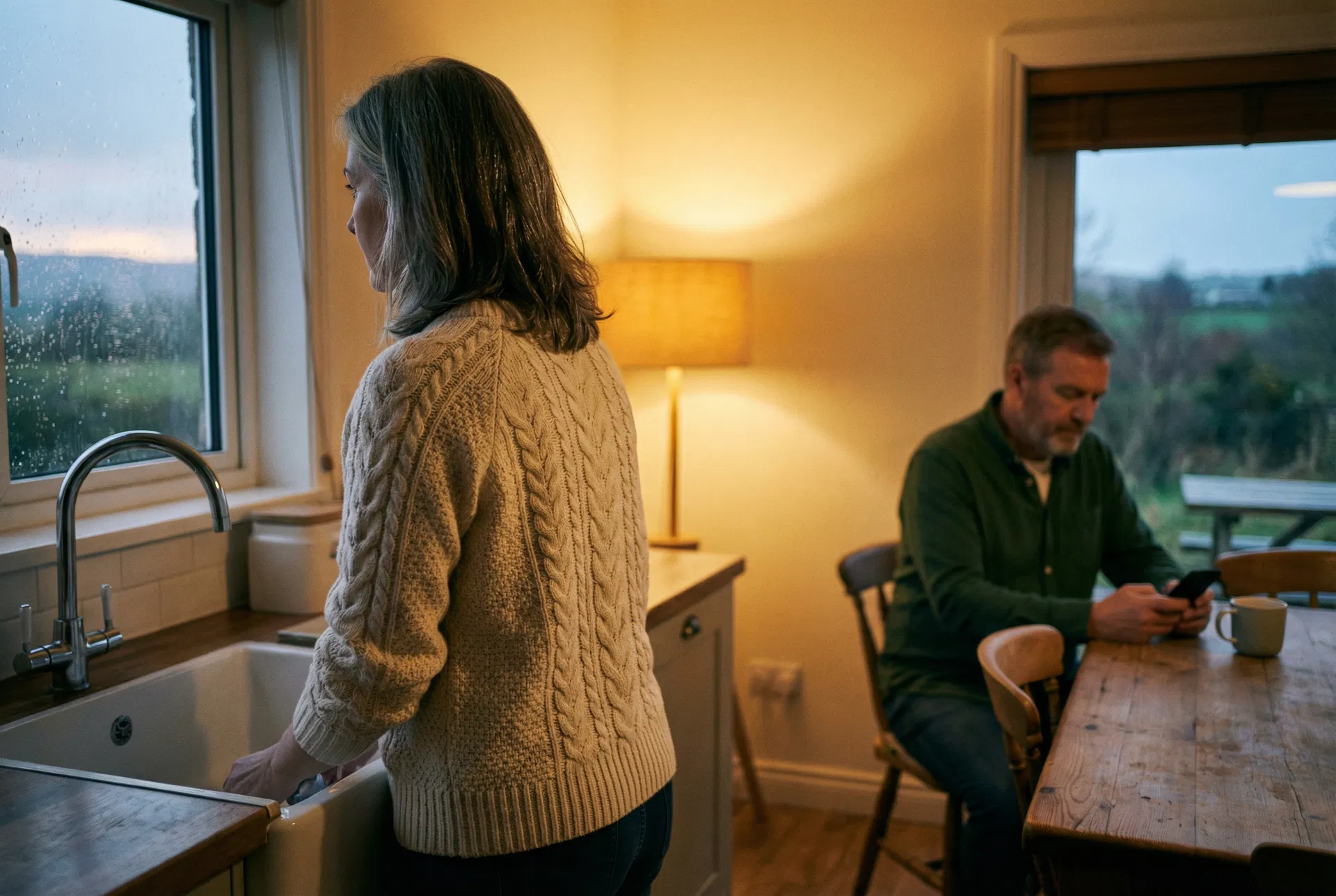 A woman at the kitchen sink, her husband quietly in the background